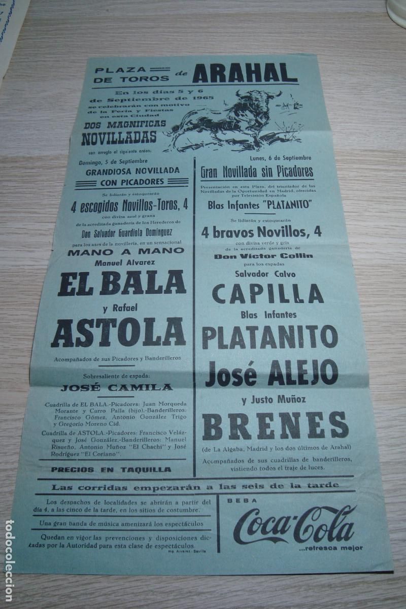 Tauromaquia: CARTEL PLAZA TOROS ARAHAL. MANUEL EL BALA. RAFAEL ASTOLA. SALVADOR CAPILLA. PLATANITO 1965