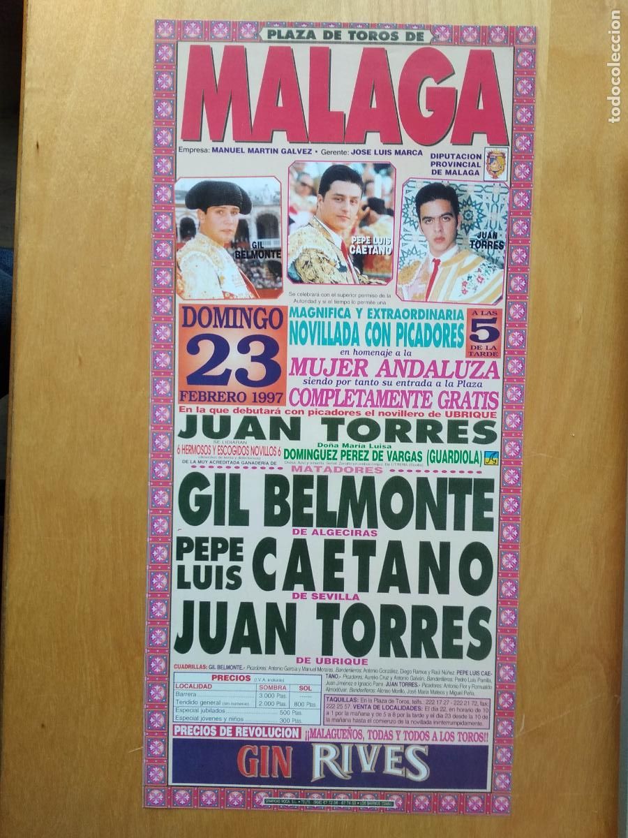 Tauromaquia: CARTEL FOLLETO DE MANO TOROS MALAGA 1997 GIL BELMONTE PEPE LUIS CAETANO JUAN TORRES