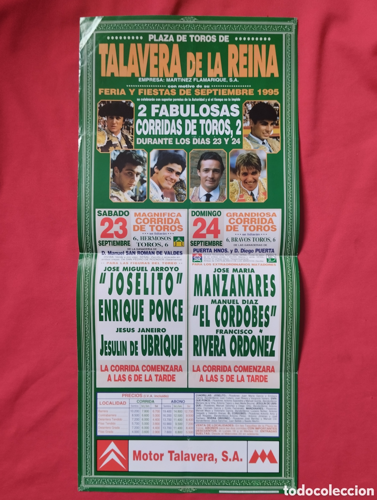 Tauromaquia: CARTEL DE TOROS 1995 PLAZA DE TALAVERA DE LA REINA FORMATO 44.5 X 20.5 CMS