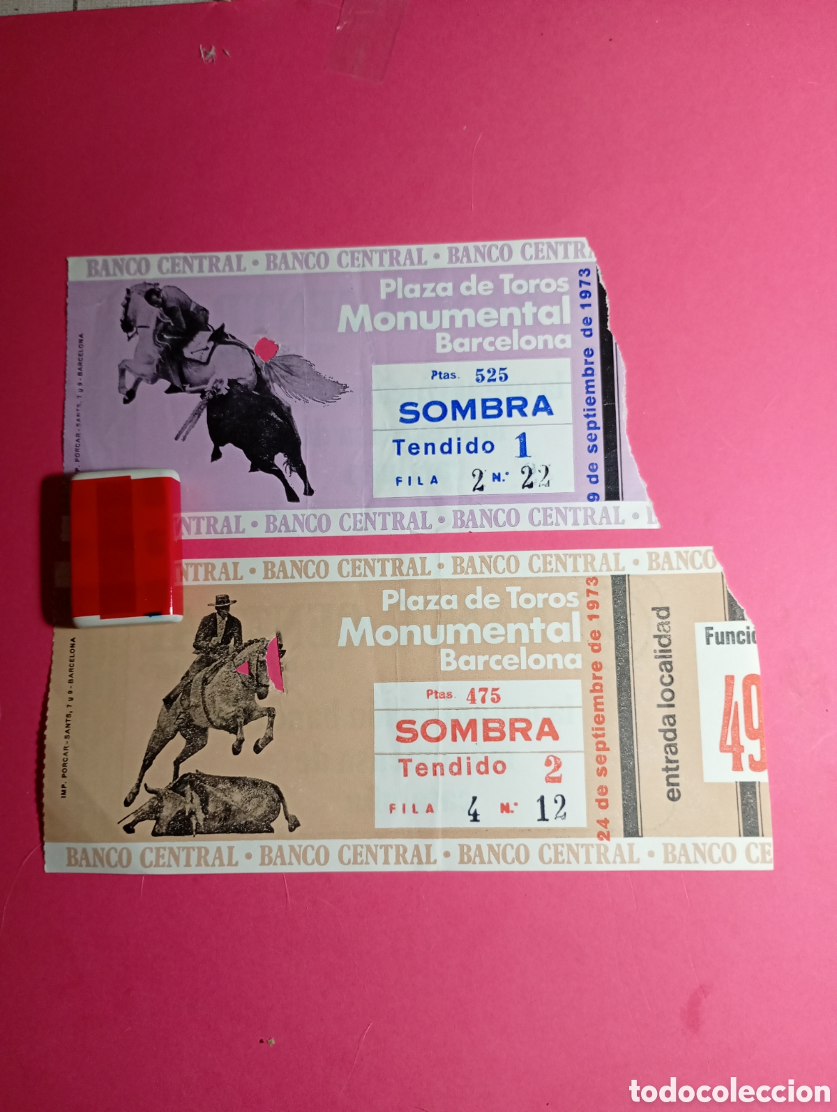 Tauromaquia: MONUMENTAL PLAZA DE TOROS BARCELONA 2 ENTRADAS SOMBRA TENDIDO 1 Y 2 PUBLI BANCO CENTRAL - REJONEO