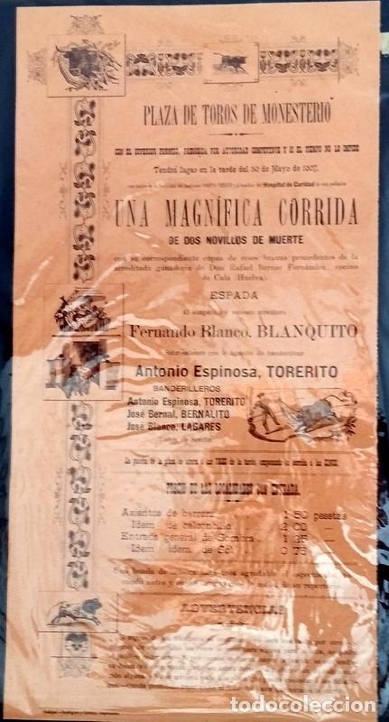 Tauromaquia: MONESTERIO, 1907, CARTEL CORRIDA DE TOROS, BLANQUITO Y TORERITO, 21X41 CMS