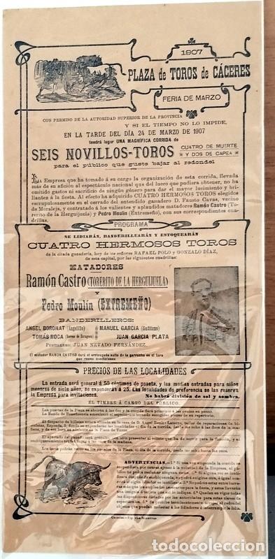 Tauromaquia: CACERES, 1907, CARTEL CORRIDA DE TOROS, TORERITO DE LA HERGUIJUELA Y EXTREME&Ntilde;O, 20X40 CMS