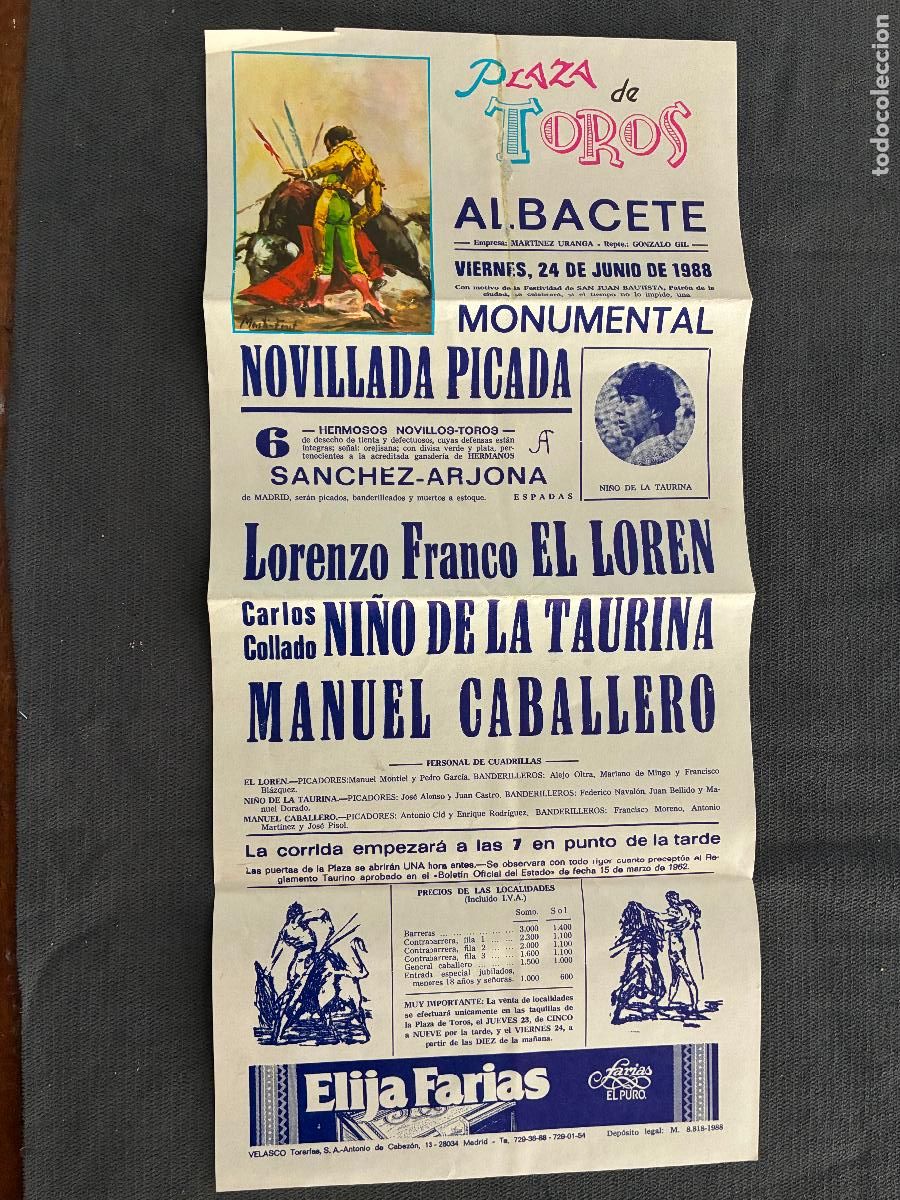Tauromaquia: Plaza toros Albacete 1988 novillada picada Lorenzo Franco El Loren,Carlos Collado,Manuel Caballero