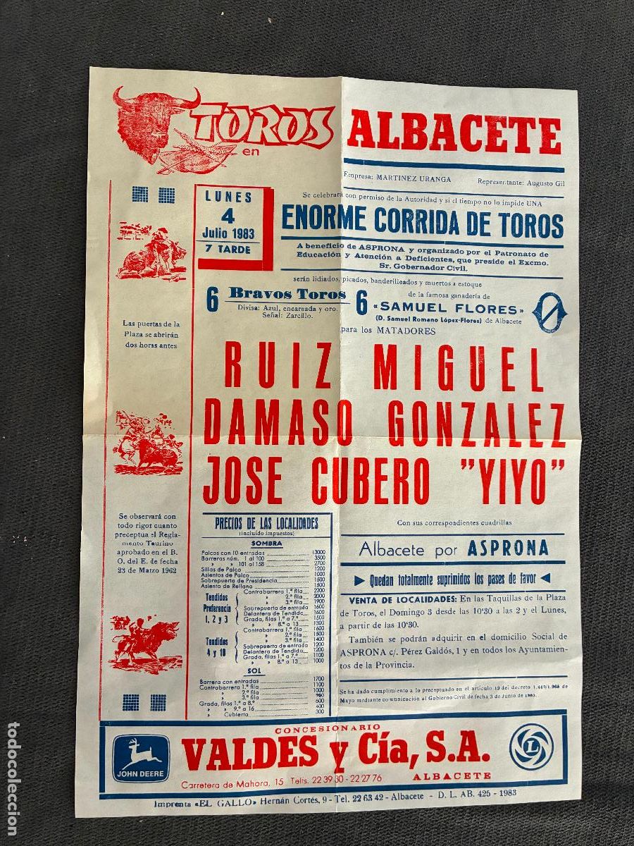 Tauromaquia: Corrida Asprona plaza de Albacete 1983 Ruiz Miguel, D&aacute;maso Gonzalez,Jose Cubero Yiyo, Samuel Flores