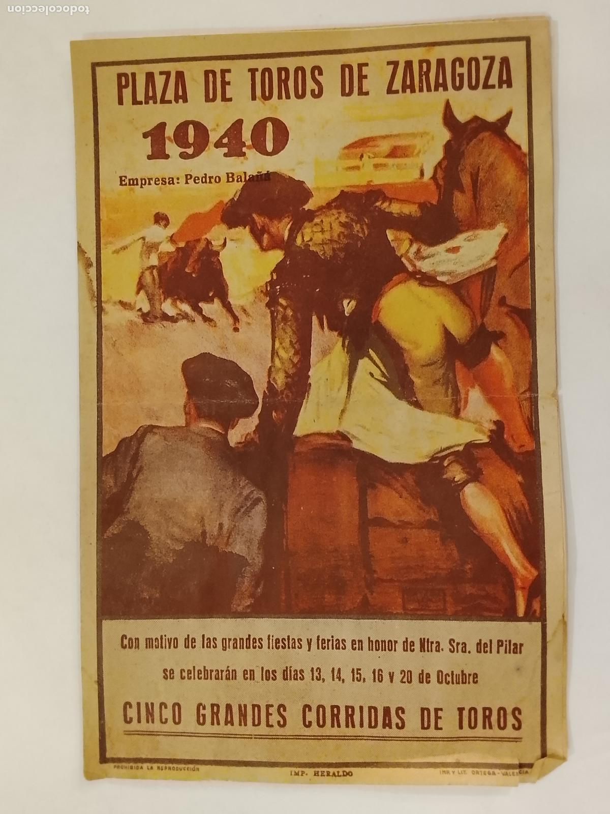 Tauromaquia: PLAZA DE TOROS DE ZARAGOZA - A&Ntilde;O 1940 - PROGRAMA ANTIGUO DE CORRIDA DE TOROS -VER FOTOS-(K-15.381)