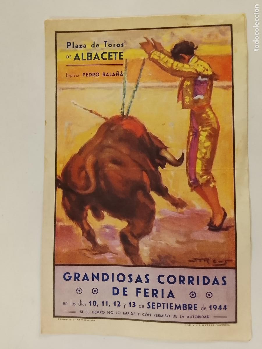 Tauromaquia: PLAZA DE TOROS DE ALBACETE - A&Ntilde;O 1944 - PROGRAMA ANTIGUO DE CORRIDA DE TOROS -VER FOTOS-(K-15.383)
