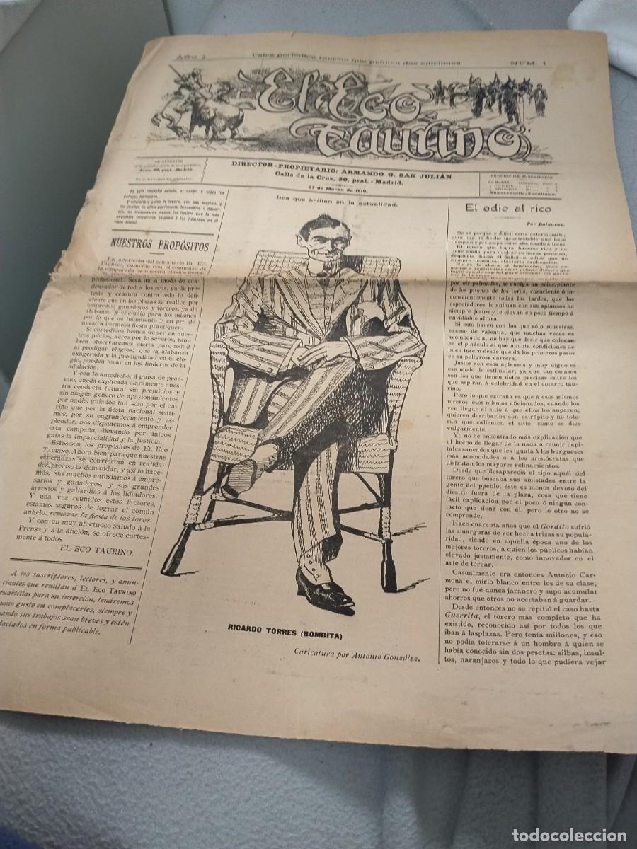 Tauromaquia: 1910 PERIODICO TAURINO EL ECO TAURINO, MUY RARO, NUMERO 1, 4 PAGINAS