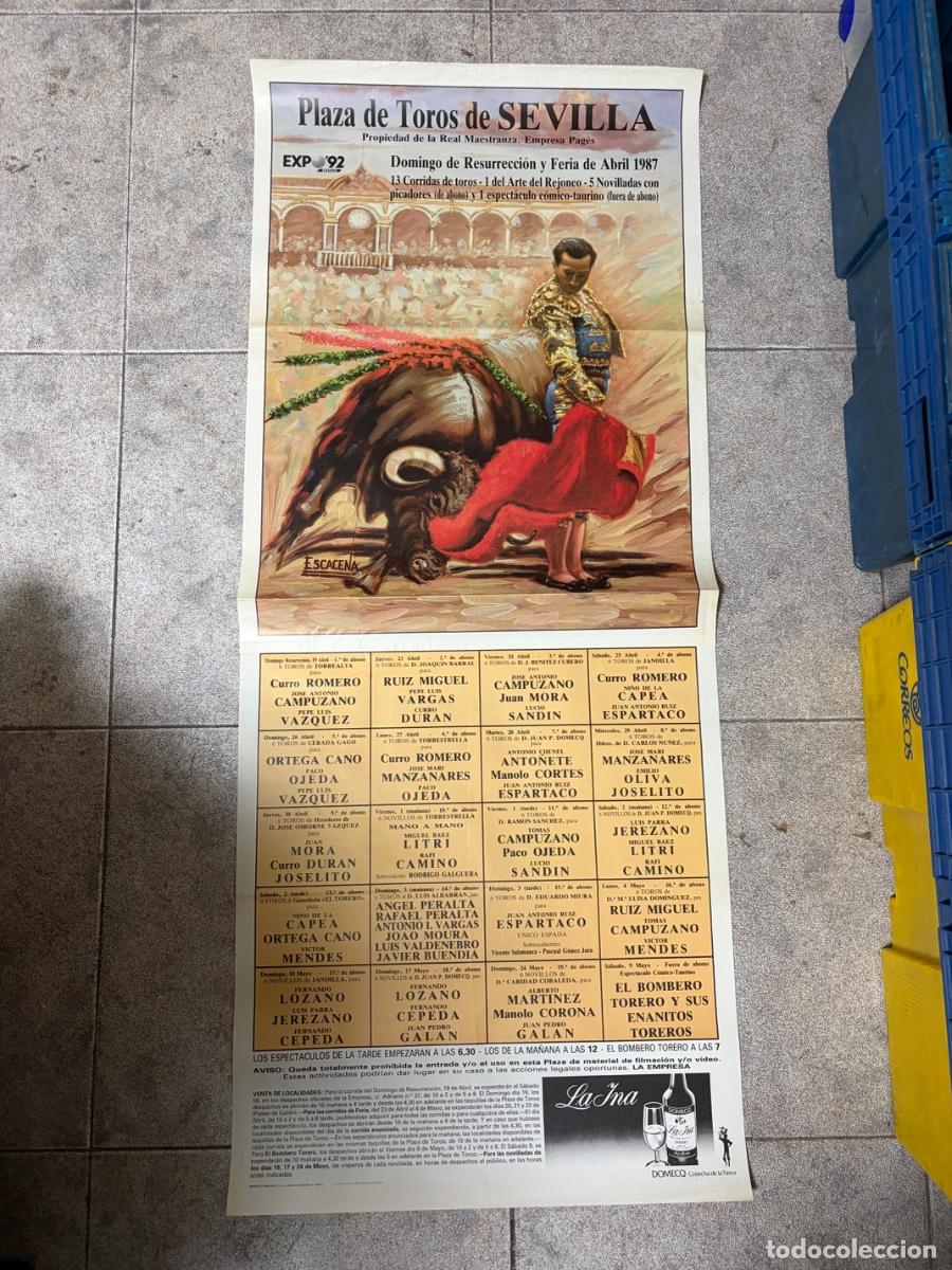 Tauromaquia: CARTEL. PLAZA TOROS SEVILLA. 1987. GANADER&Iacute;A TORREALTA. CURRO ROMERO. ORTEGA CANO. ESPARTACO. OJEDA
