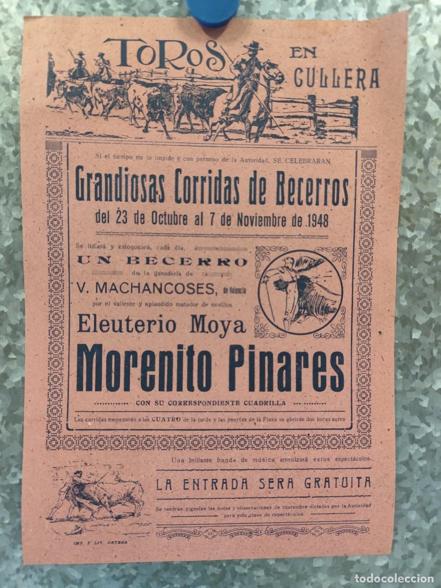 Tauromaquia: CARTELITO, PLAZA DE TOROS DE CULLERA, VALENCIA, A&Ntilde;O 1948, CORRIDAS DE BECERROS, MORENITO PINARES