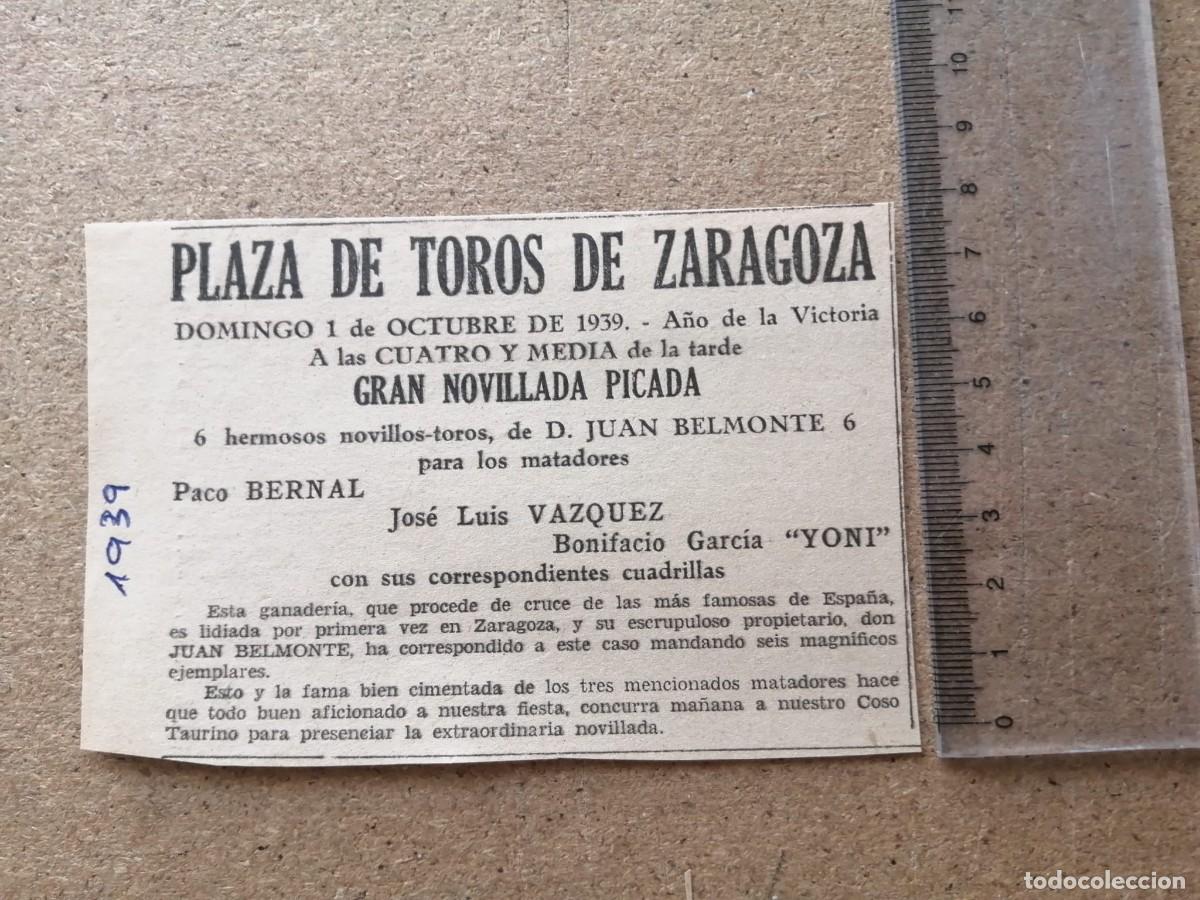 Tauromaquia: ANUNCIO. PLAZA DE TOROS DE ZARAGOZA , 1939. PACO BERNAL - JOSE LUIS VAZQUEZ - YONI