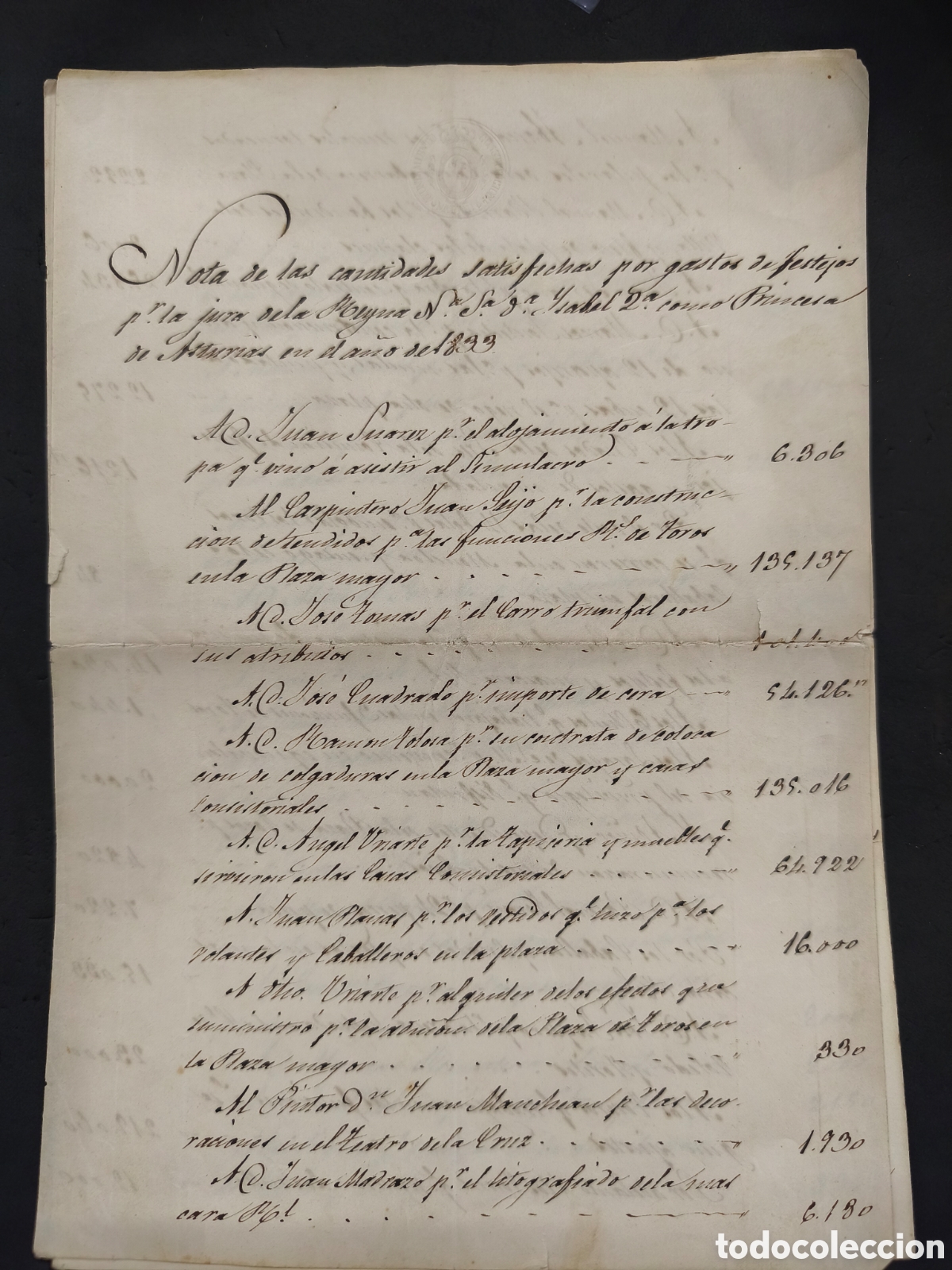 Tauromaquia: 1833 manuscrito notas por gastos de festejos, Isabel 2a