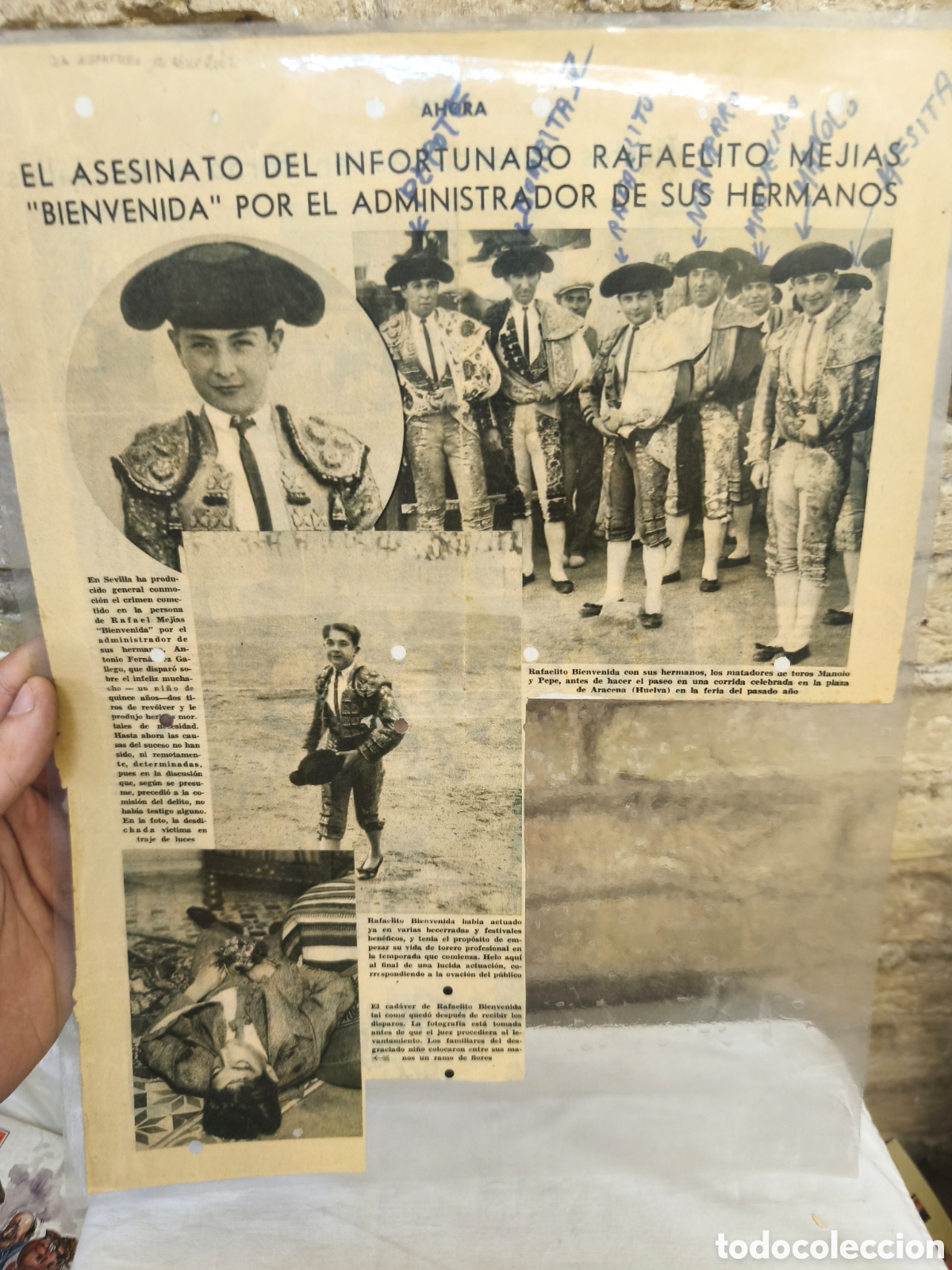 Tauromaquia: Recorte y escrito plastificado del asesinato de Rafaelito Mej&iacute;as &rdquo;bienvenida&rdquo;