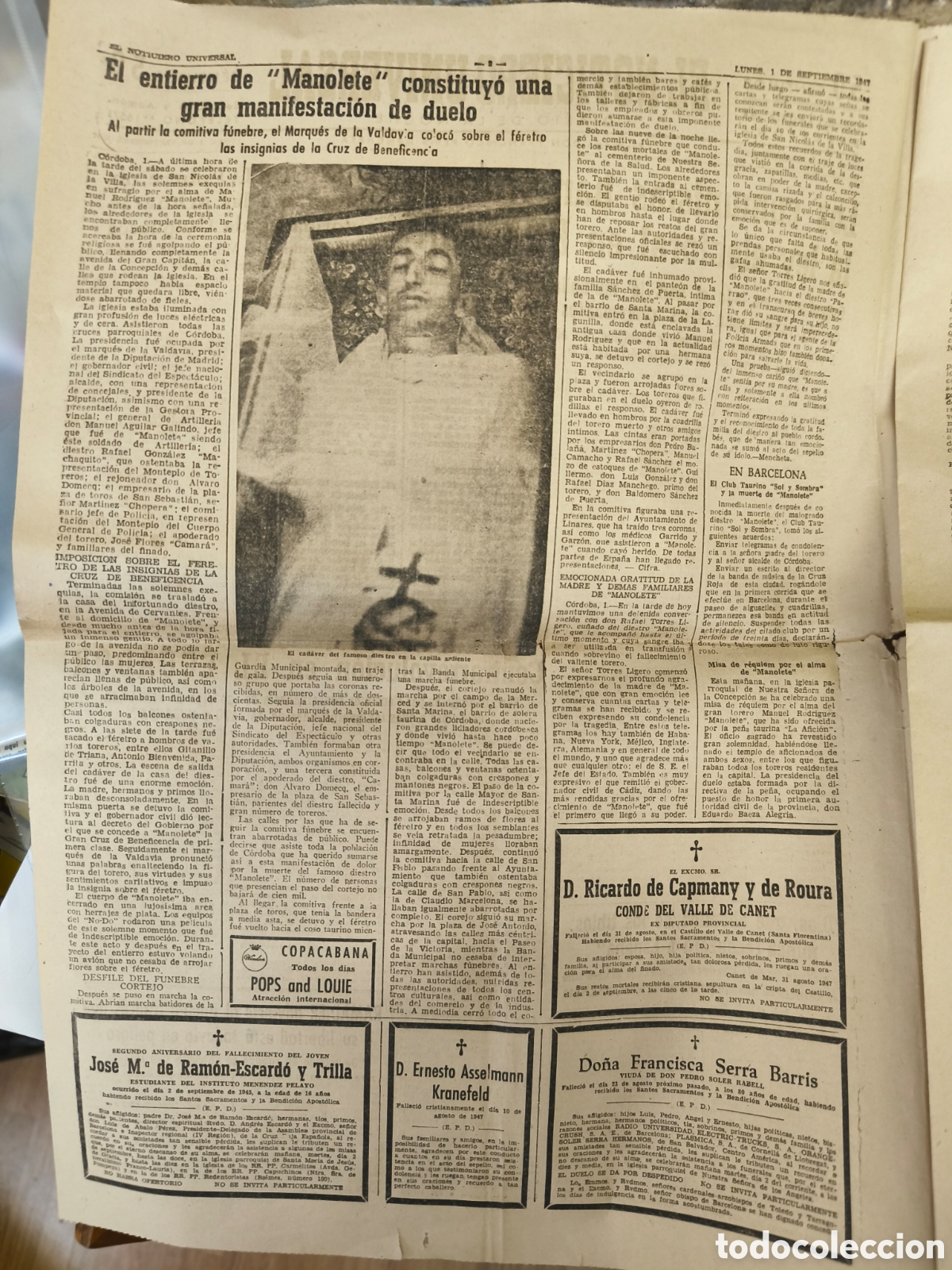 Bullfighting: El noticiero universal 1947, noticia muerte Manolete