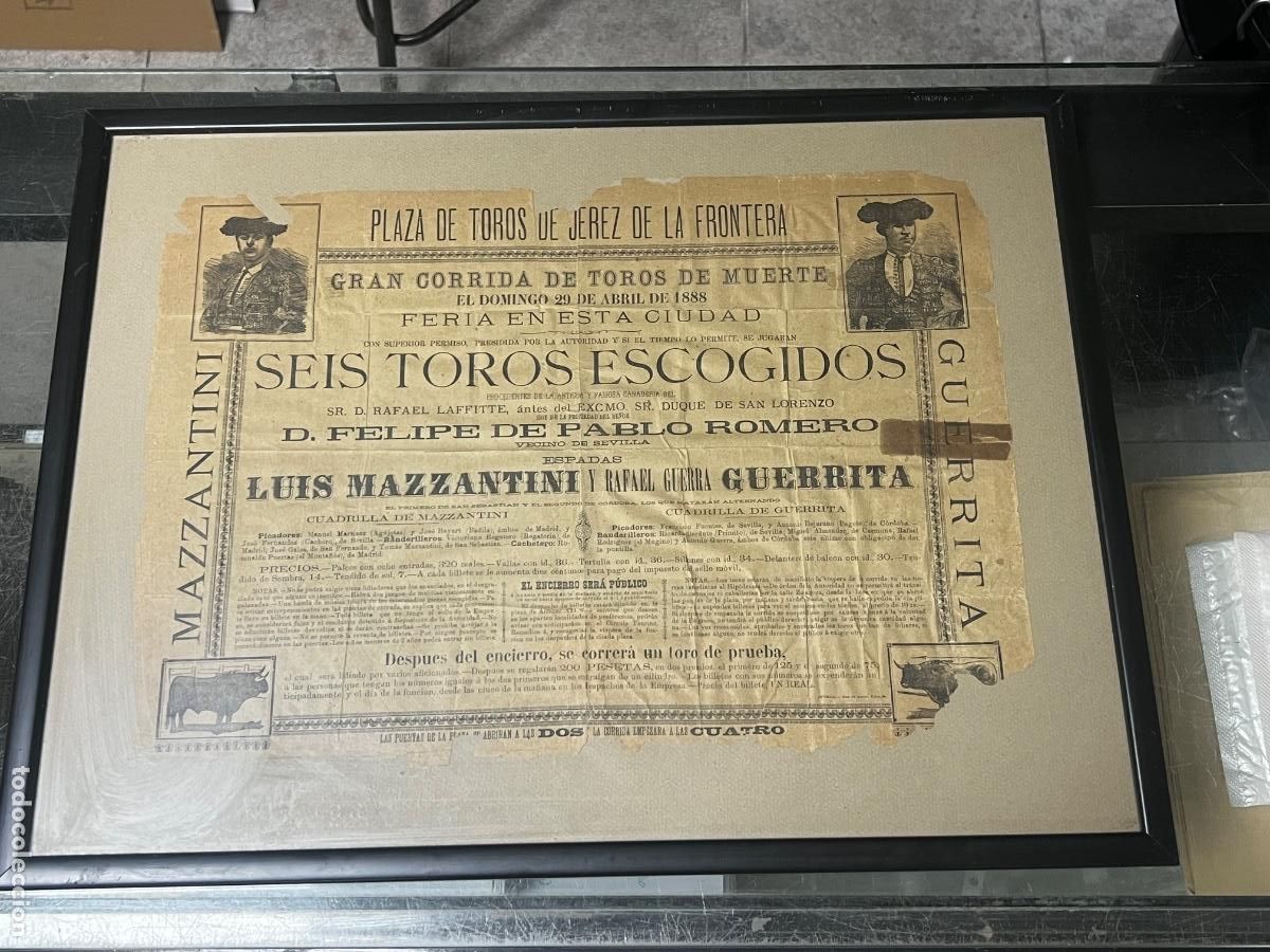 Tauromachia: CARTEL ENMARCADO. PLAZA TOROS DE JEREZ DE LA FRONTERA, 1888. LUIS MAZZANTINI Y GUERRITA.