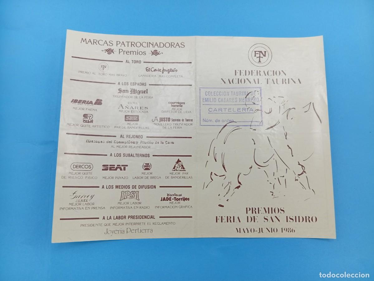 Tauromachie: PROGRAMA DE TOROS. FERIA DE SAN ISIDRO. 1986. GANADERIA TORREALTA. DAMASO GLEZ. CAMPUZANO. MENDES.