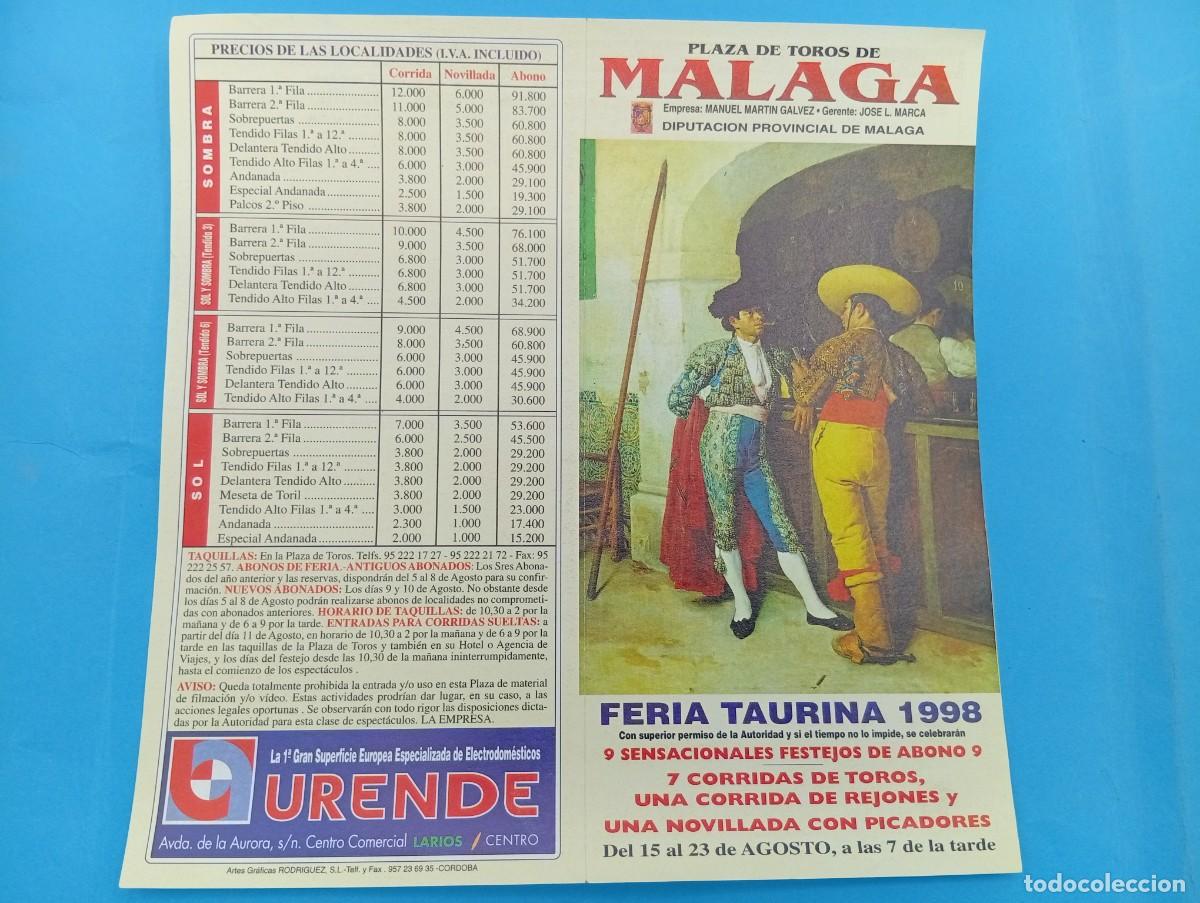 Tauromachie: PROGRAMA DE TOROS. MALAGA. 1998. GANADERIA ARUCCI. LOPEZ CHAVES. VICTOR DE LA SERNA. OJEDA. MORA.