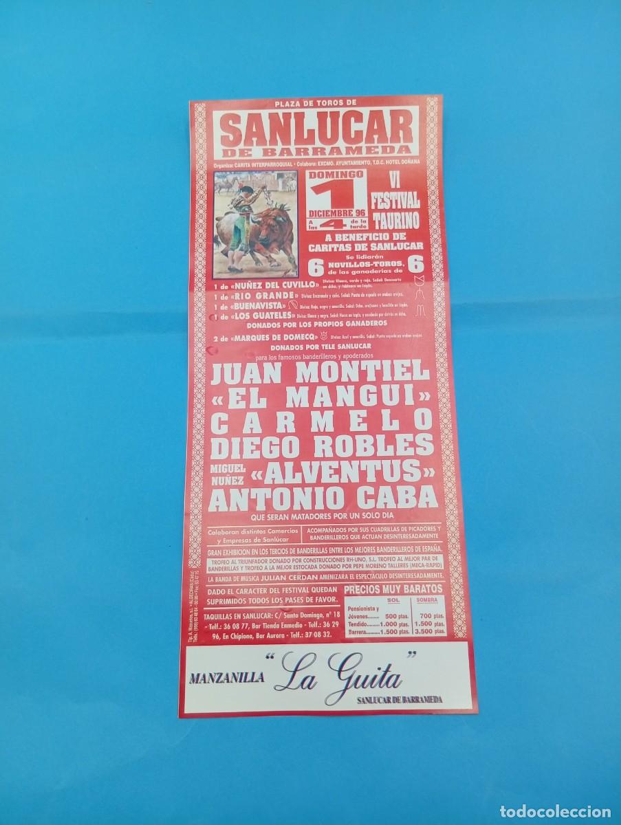 Tauromaquia: CARTEL TOROS. SANLUCAR DE BARRAMEDA. 1996. GANADERIA RIO GRANDE. JUAN MONTIEL. EL MANGUI. CARMELO.