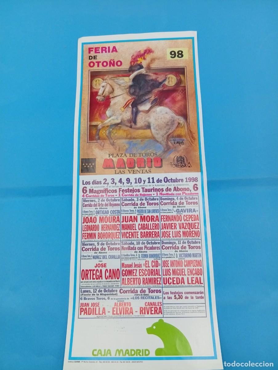 Tauromaquia: CARTEL TOROS. MADRID. 1998. GANADERIA ARTIGAO COSTA. JOAO MOURA. JUAN MORA. CEPEDA. MORENO. UCEDA.