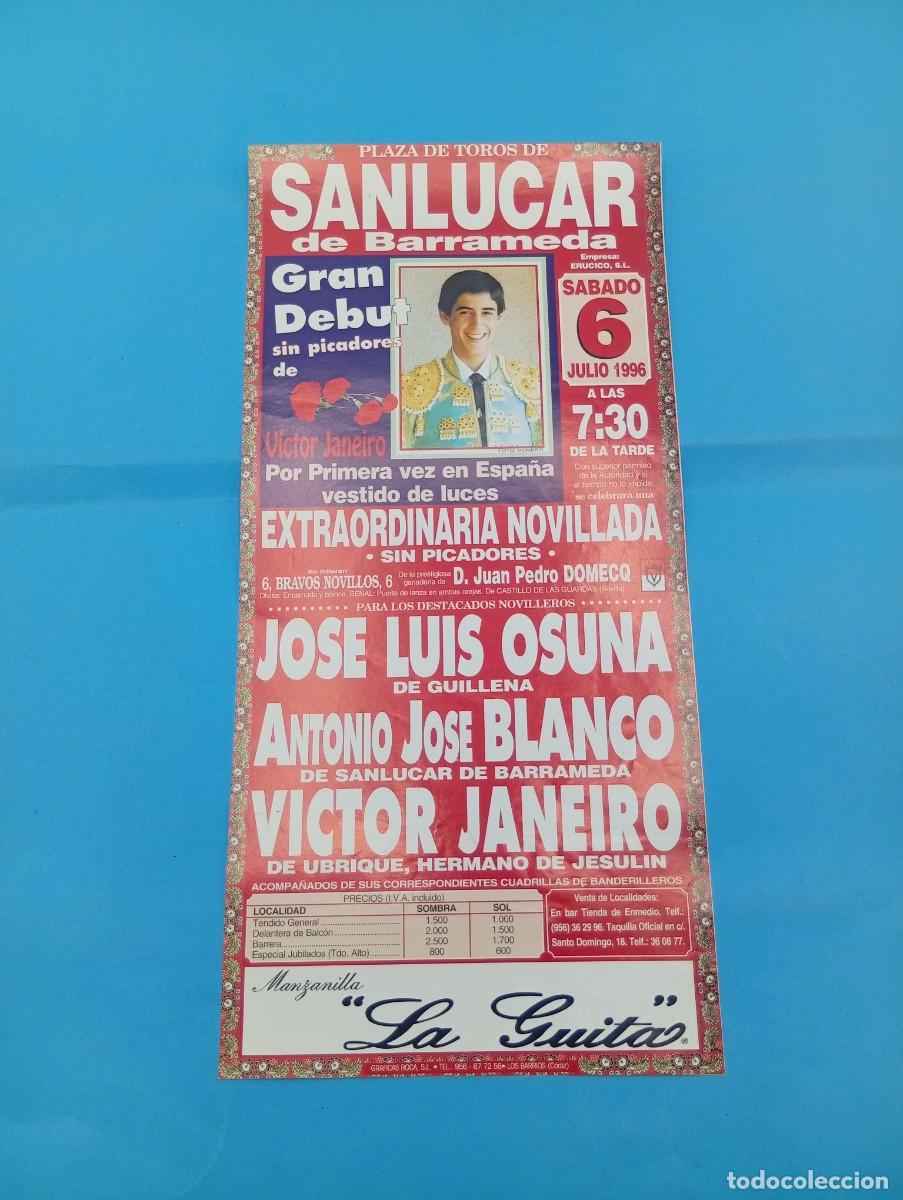 Tauromaquia: CARTEL TOROS. SANLUCAR DE BARRAMEDA. 1996. GANADERIA PEDRO DOMECQ. JOSE LUIS OSUNA. BLANCO. JANEIRO.