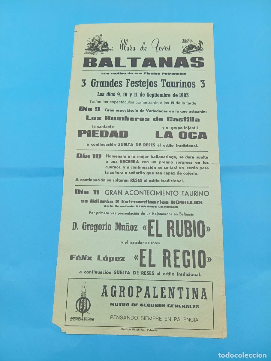 Tauromaquia: CARTEL TOROS. BALTANAS, PALENCIA. 1983. GANADERIA HNOS. CAMINERO. EL RUBIO. EL REGIO.