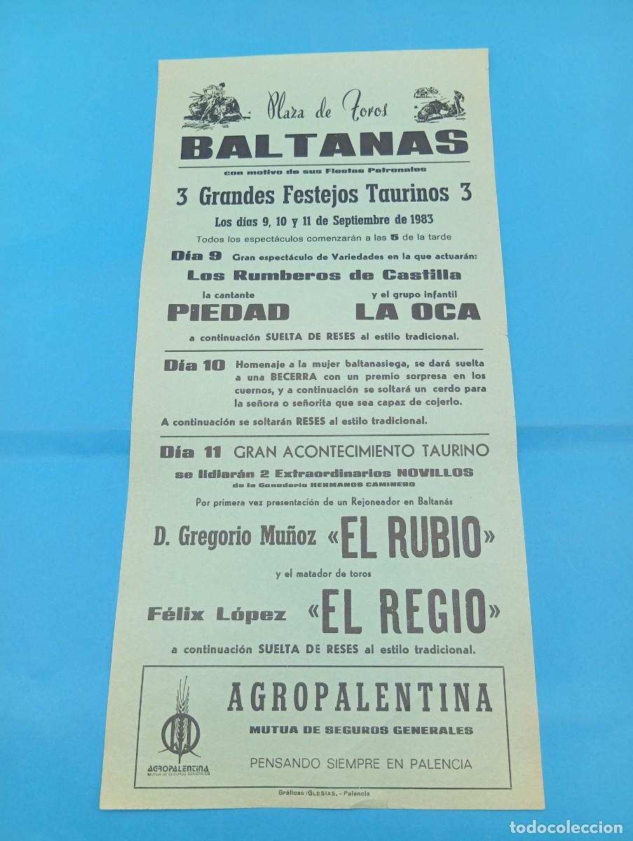 Tauromaquia: CARTEL TOROS. BALTANAS, PALENCIA. 1983. GANADERIA HNOS. CAMINERO. EL RUBIO. EL REGIO.