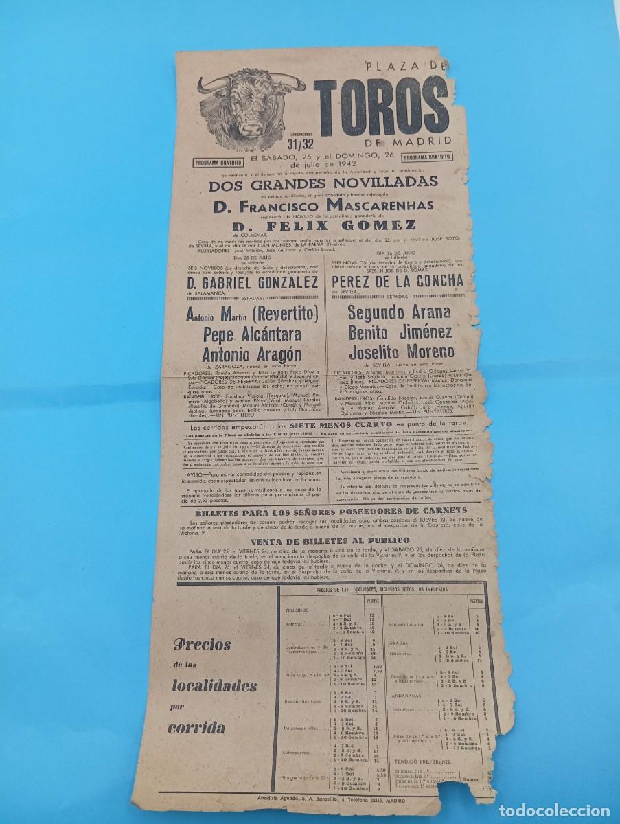 Tauromaquia: CARTEL TOROS. MADRID. 1942. GANADERIA GABRIEL GONZALEZ. REVERTITO. PEPE ALCANTARA. ARANA. MORENO.