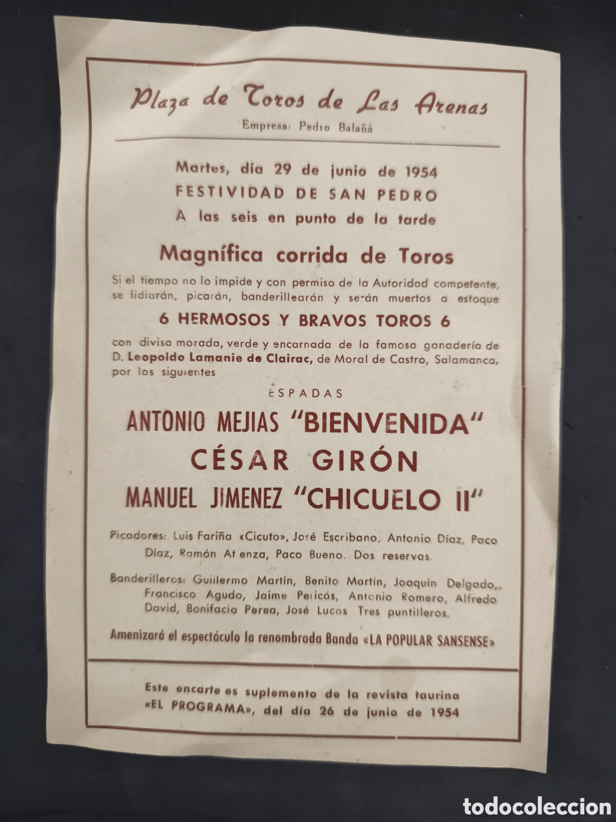 Tauromaquia: Plaza de toros de las arenas 1954, Bienvenida, Chicuelo II, C&eacute;sar Giron