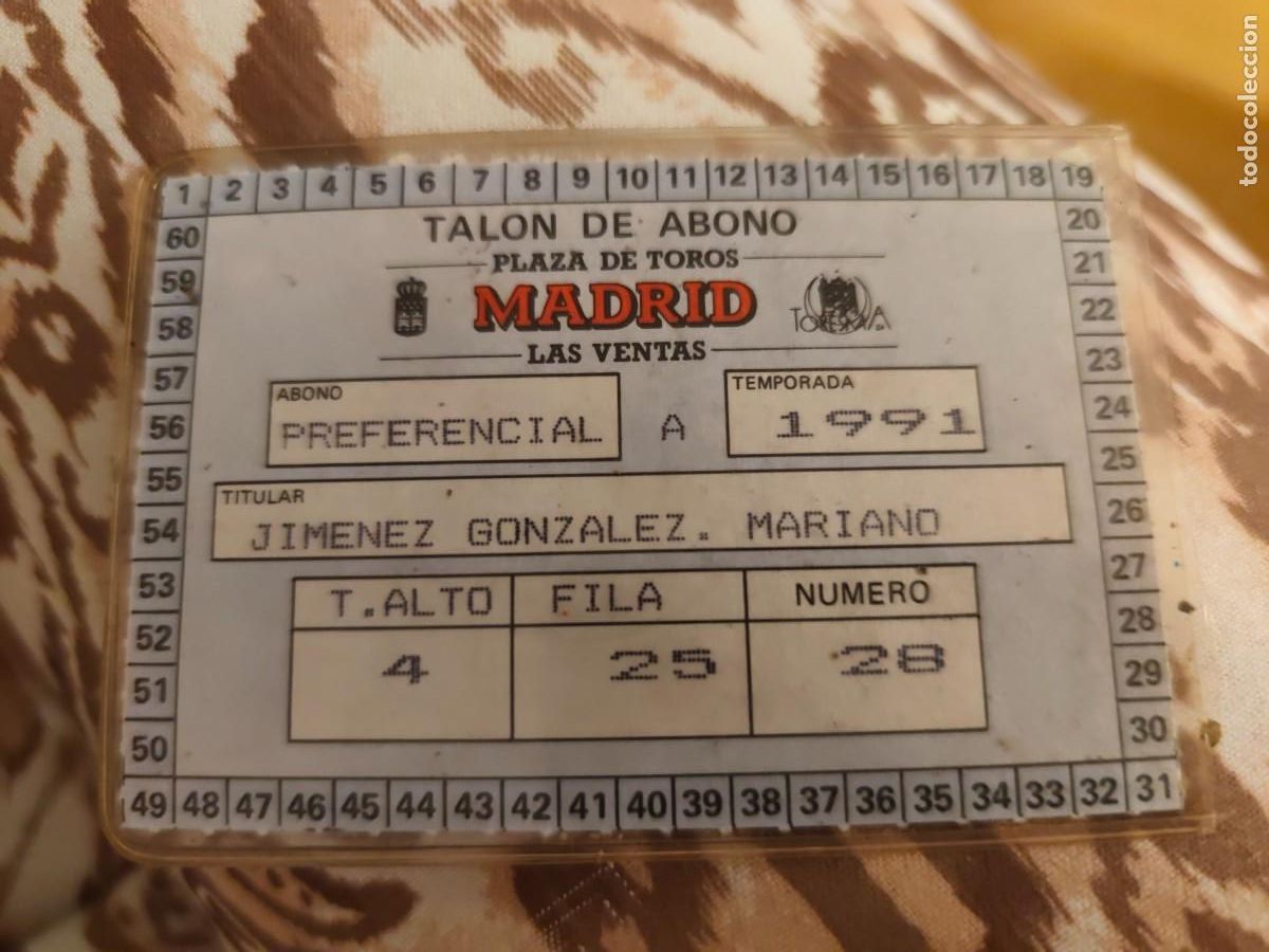 Tauromaquia: Tal&oacute;n de abono Plaza toros de Las Ventas. Madrid. 1991