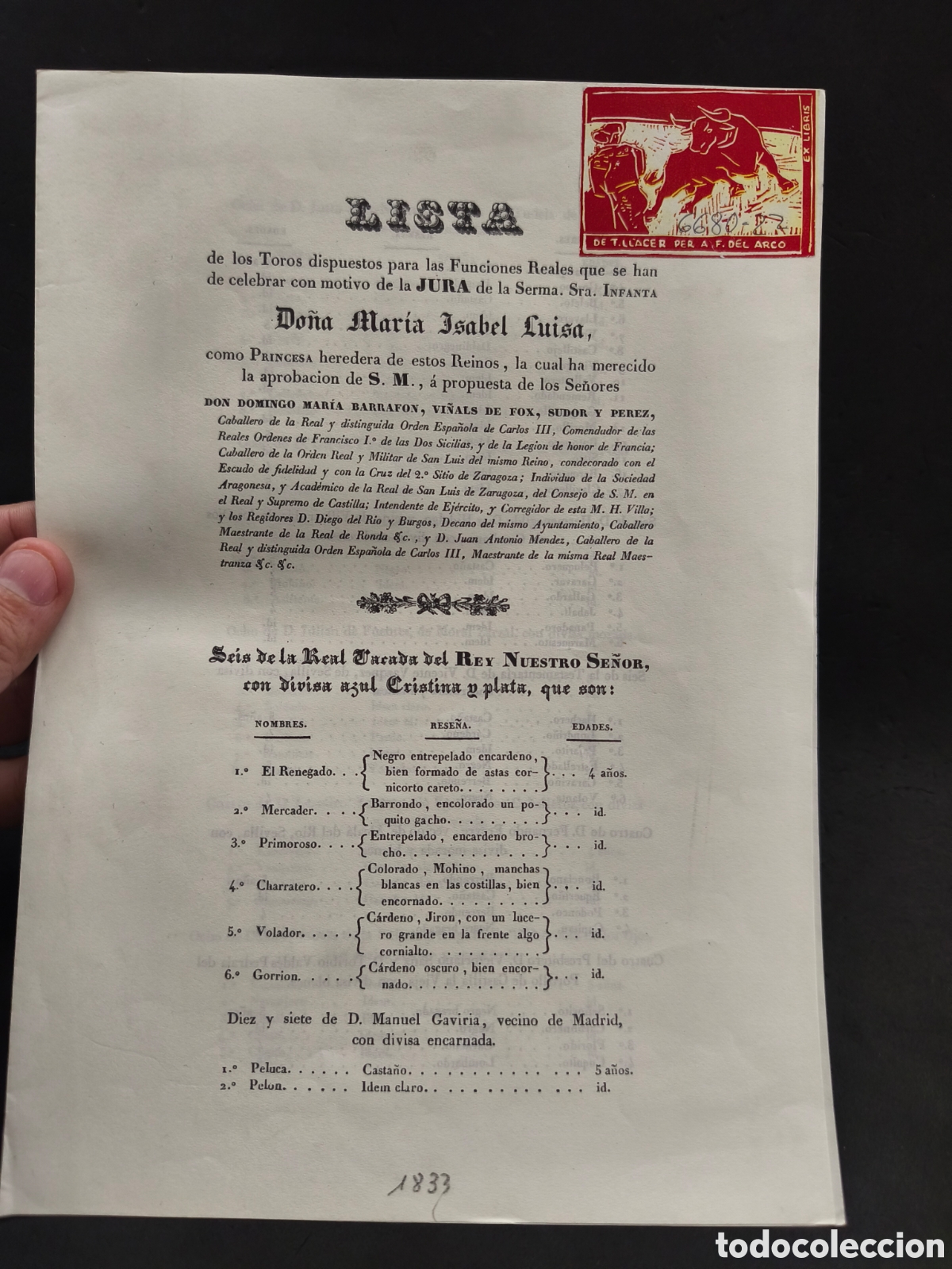 Bullfighting: Documento LISTA toros para la funci&oacute;nes reales 1833???