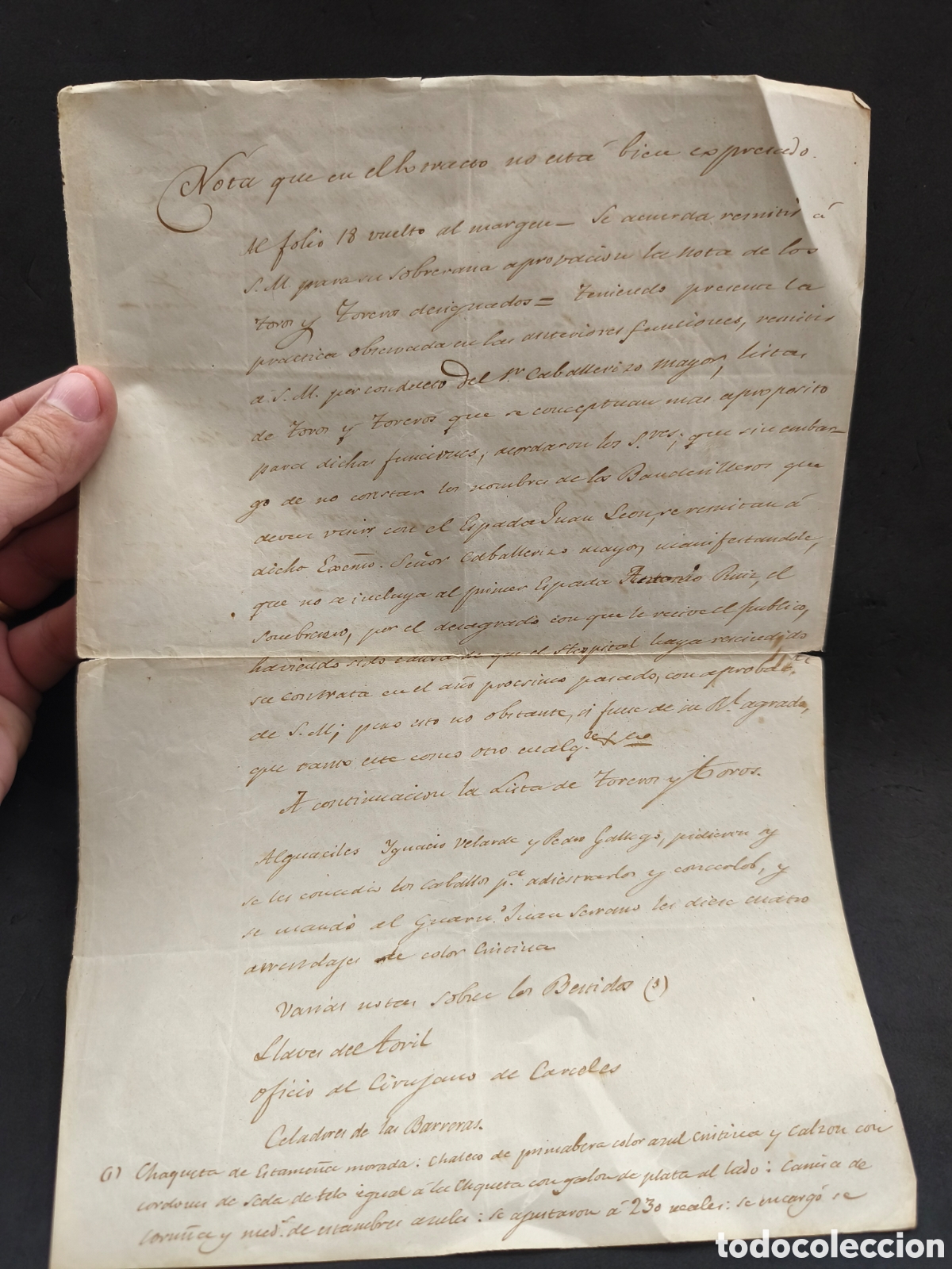 Tauromaquia: Antiguo manuscrito, notas toros y toreros designados...