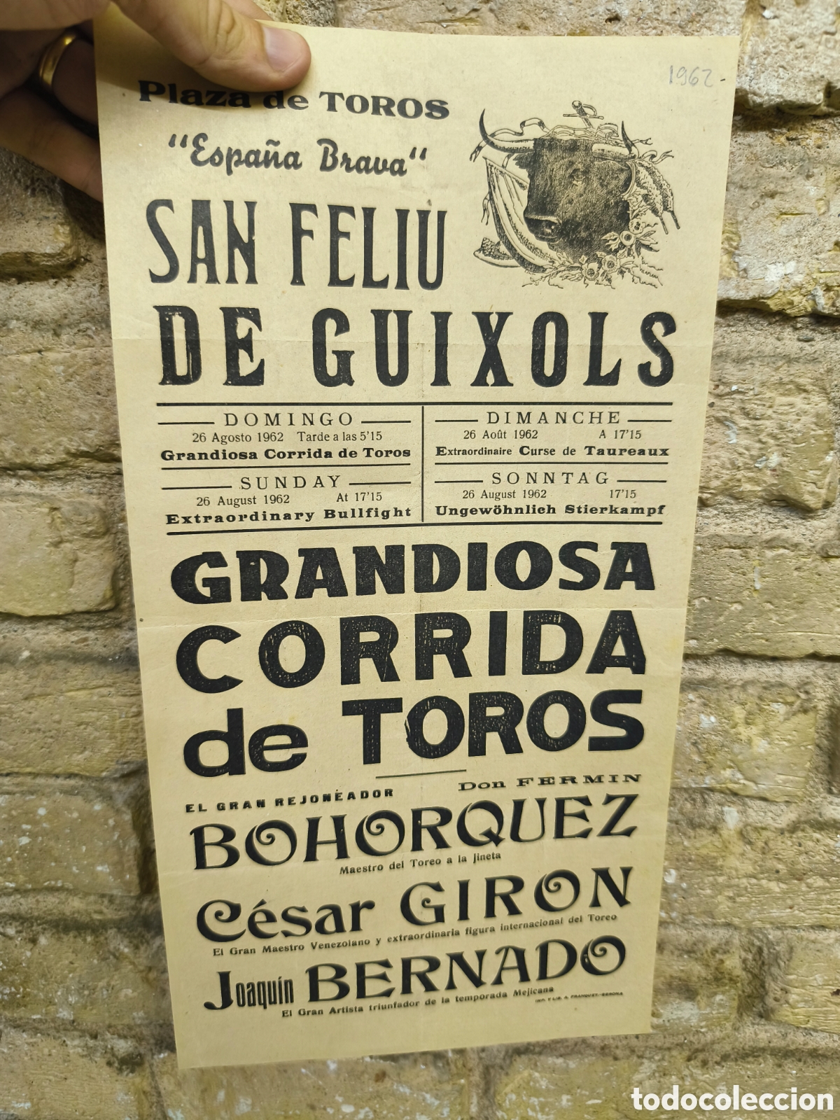 Tauromaquia: 1962 cartel plaza toros san Feliu de Gu&iacute;xols