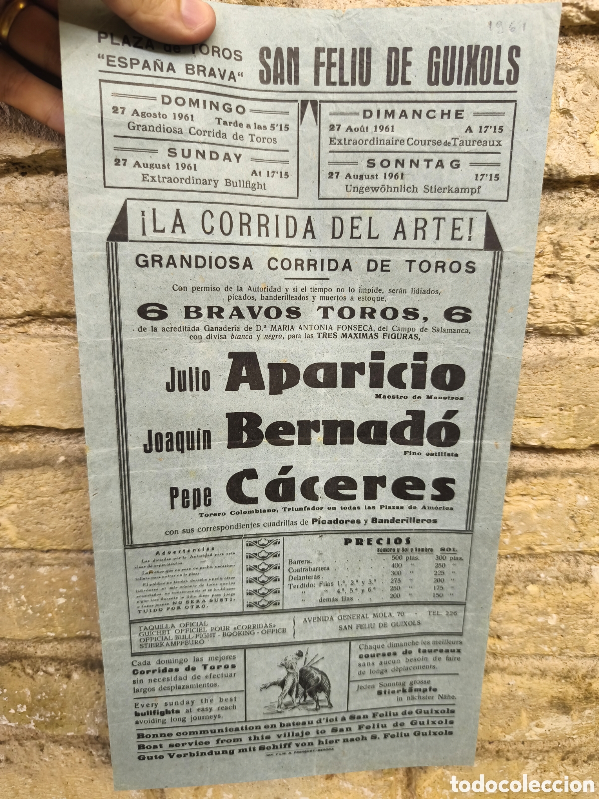 Tauromaquia: 1961 cartel plaza toros san Feliu de Gu&iacute;xols