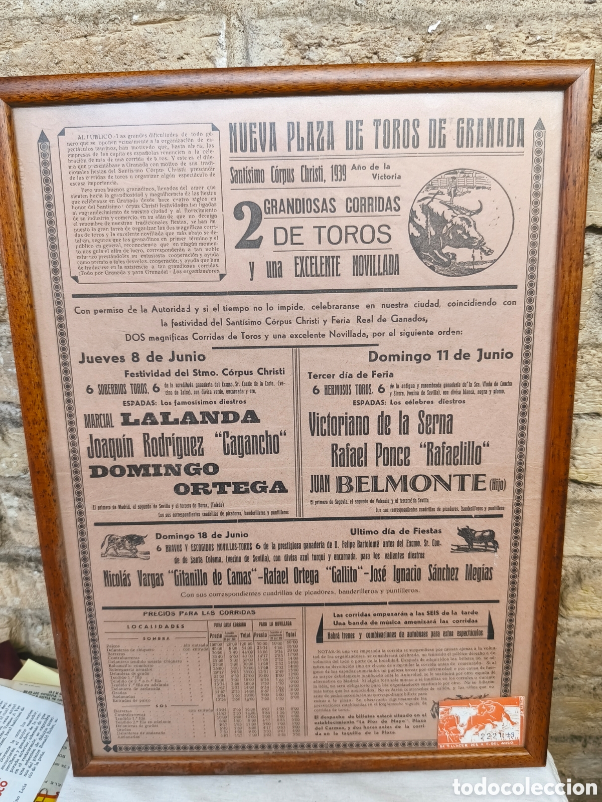 Tauromaquia: 1939 cartel taurino, granada, Lalanda, Belmonte (hijo), Domingo Ortega...enmarcado