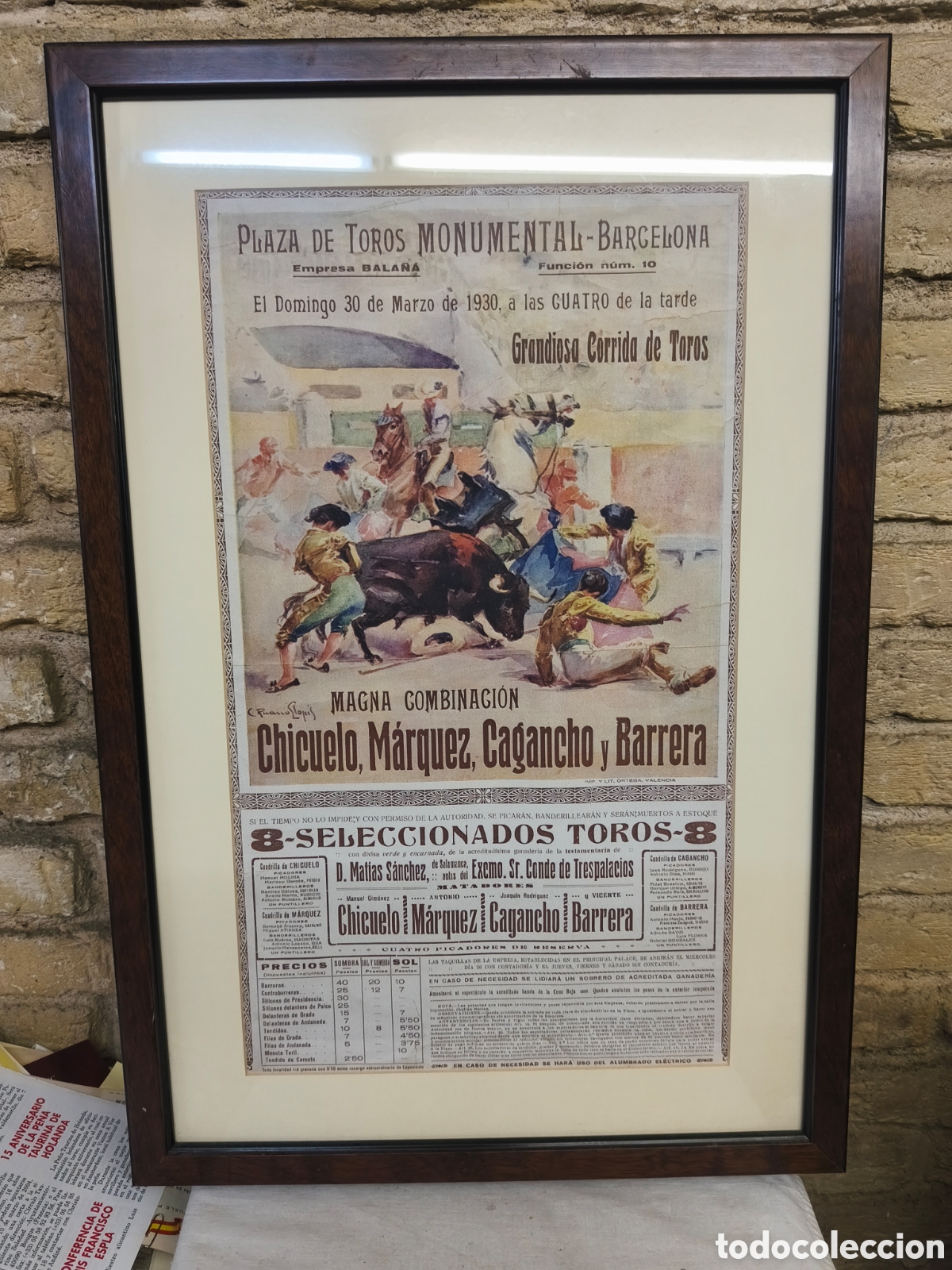Tauromaquia: 1930, cartel taurino, monumental Barcelona, Chicuelo Marquez, Cagancho, Carrera. enmarcado