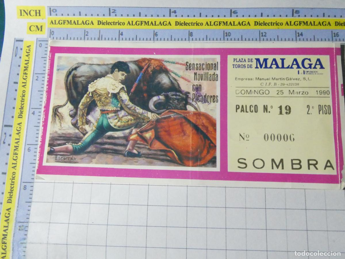 Tauromaquia: ENTRADA TOROS TOREROS CORRIDA PLAZA M&Aacute;LAGA. 25 MARZO 1990. PUBLICIDAD GIN LARIOS. 590