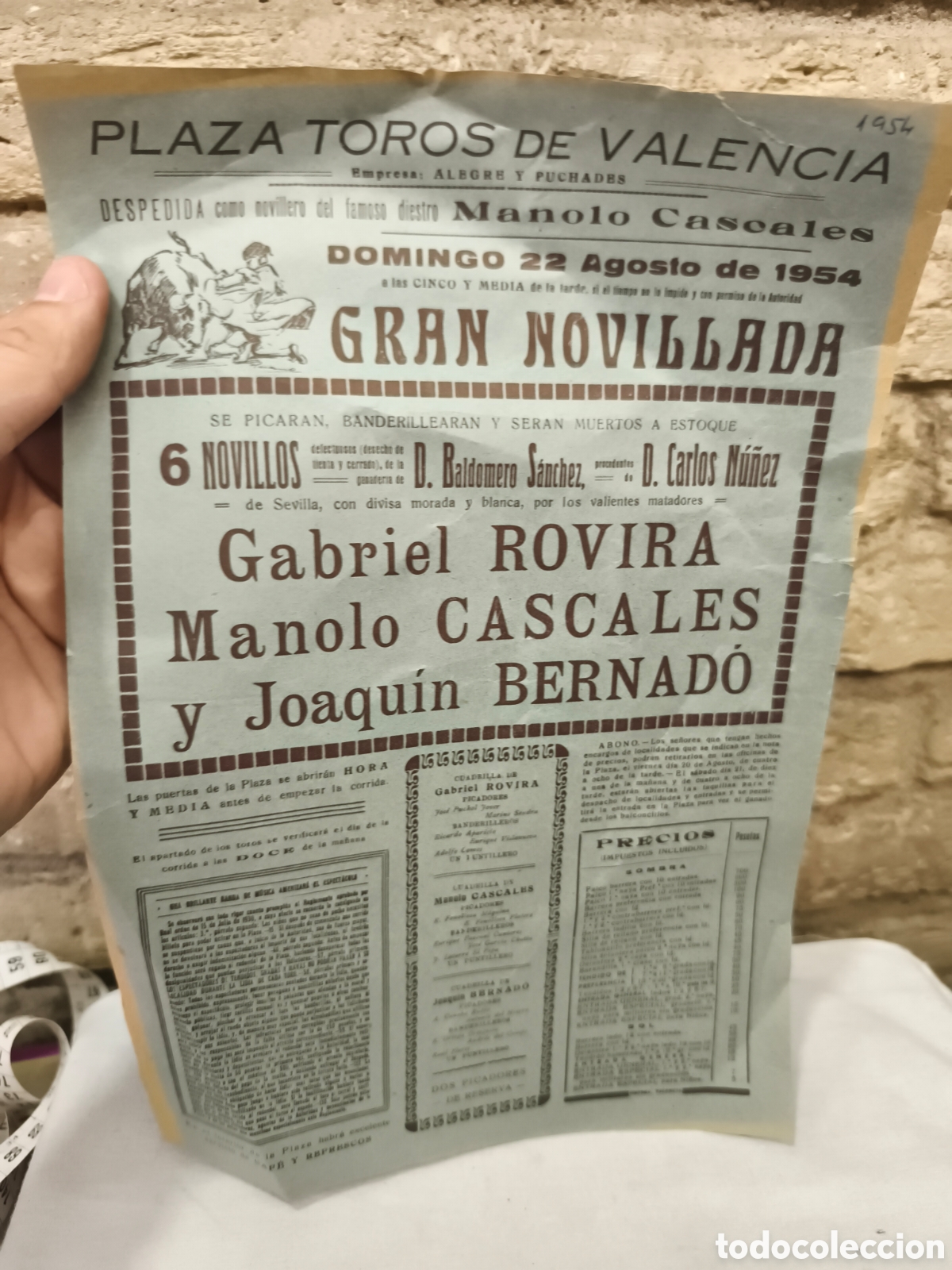 Tauromaquia: Cartel plaza toros valencia 1954, despedida Manolo cascales