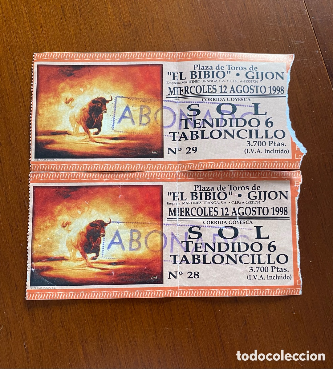 Tauromachia: 2 Entradas plaza El Bibio Gij&oacute;n 1998