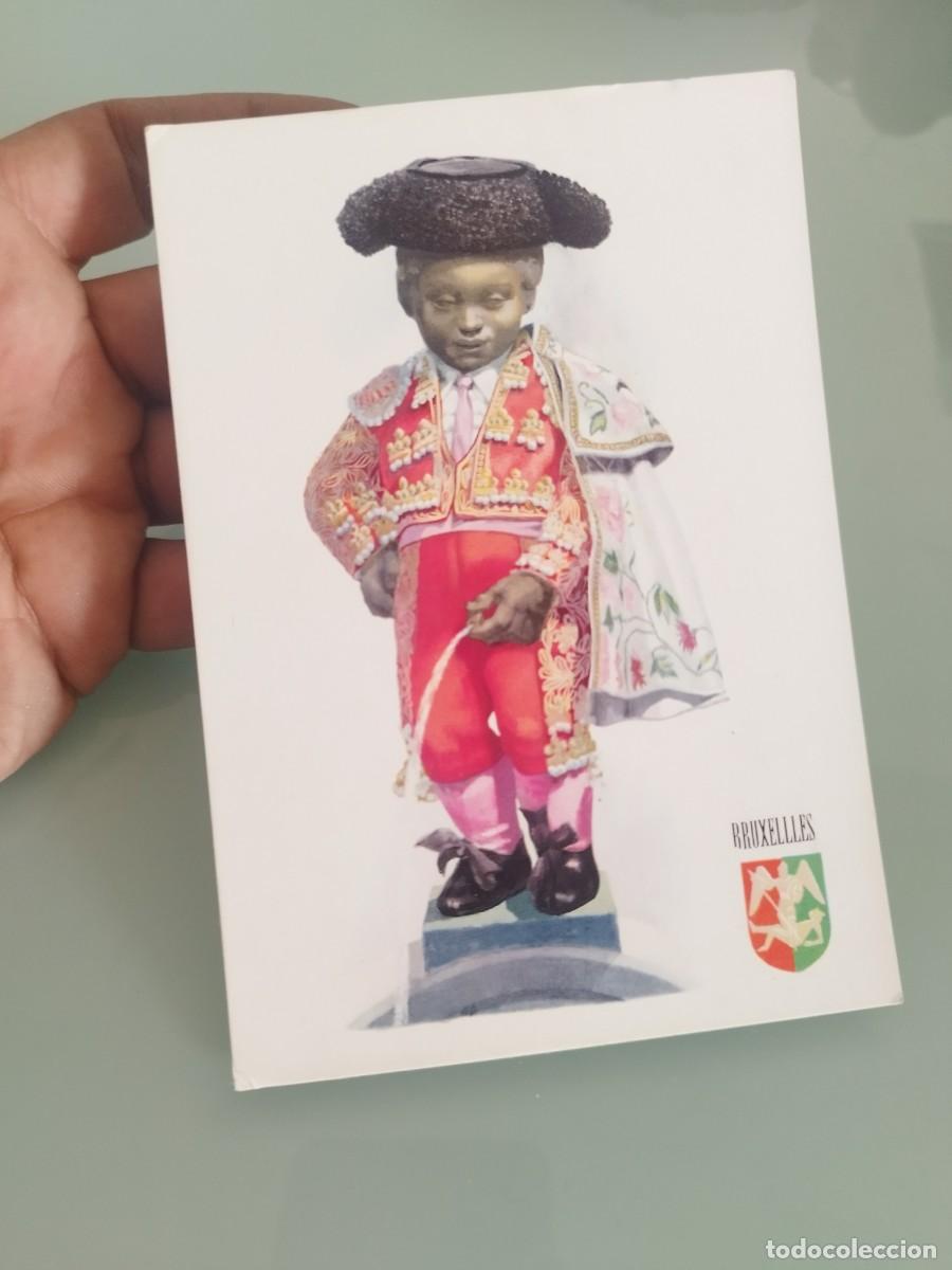 Tauromaquia: Tarjeta postal ilustraci&oacute;n de la famosa estatua del Manneken Pis de Bruselas vestido traje torero.