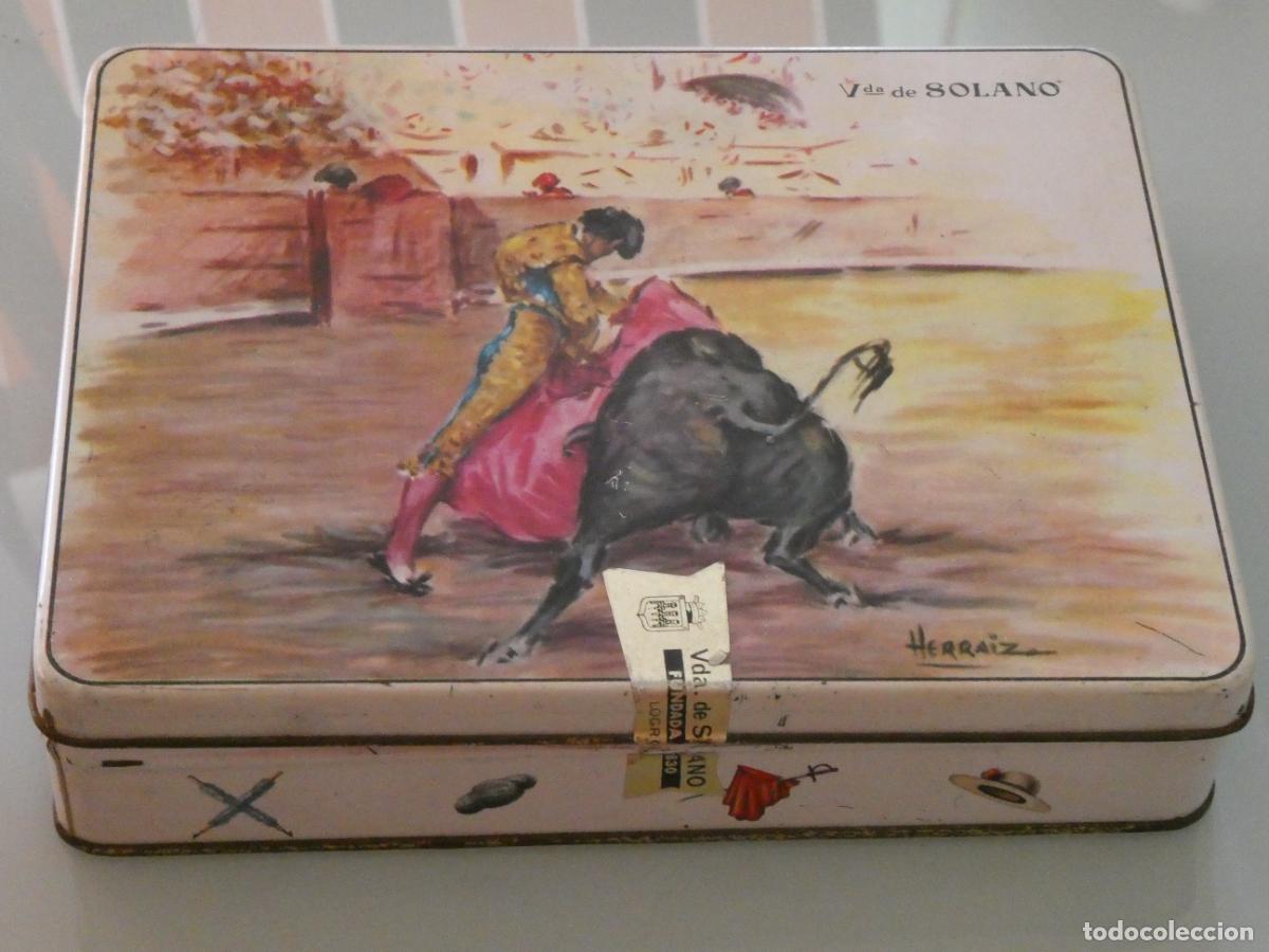 Tauromaquia: CAJA METAL CARAMELOS SOLANO LOGRO&Ntilde;O. TAUROMAQUIA TORO CORRIDA TORERO. 21X16X5CM
