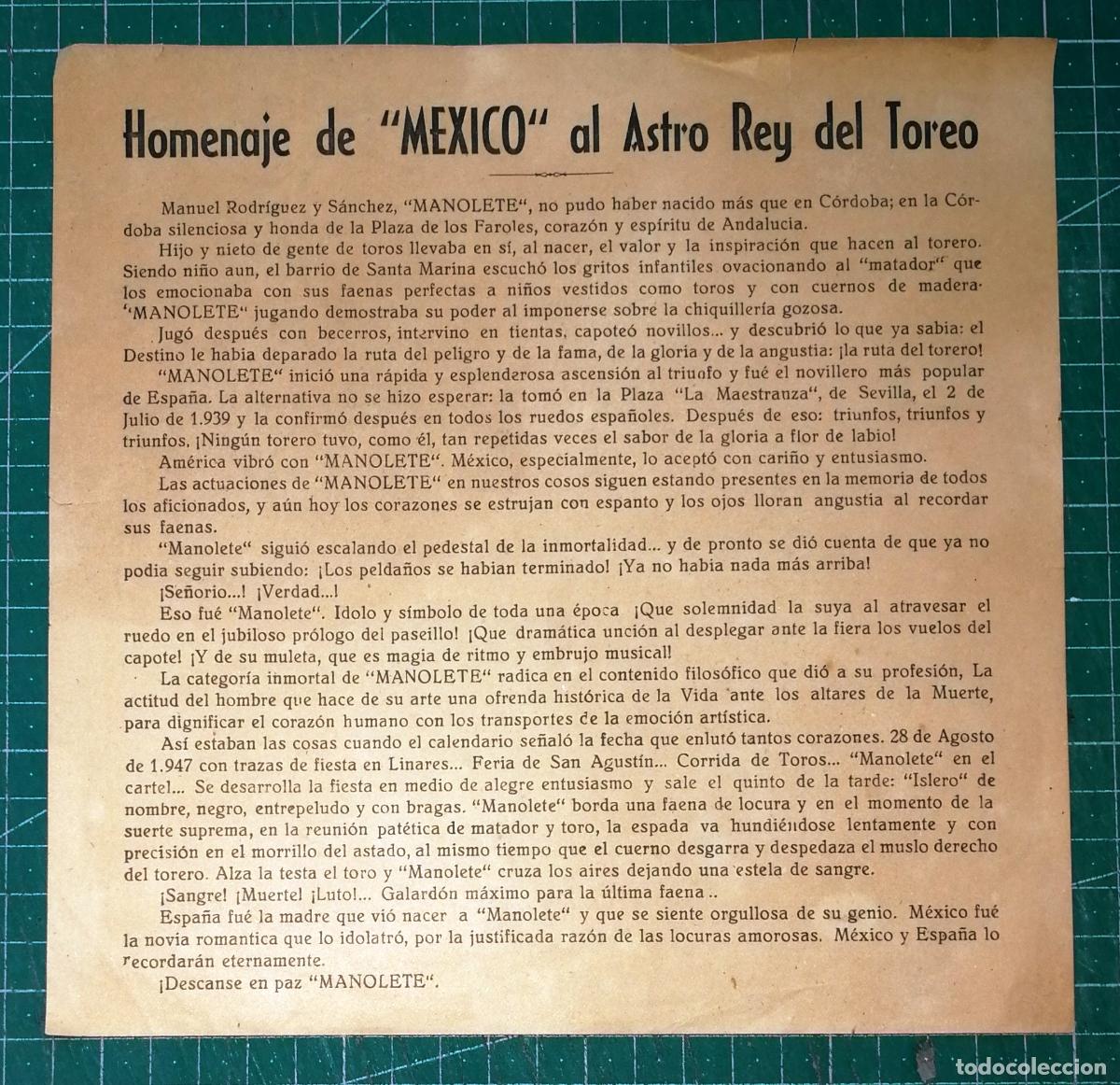 Tauromaquia: RECORTE HOJA. HOMENAJE DE M&Eacute;XICO AL ASTRO REY DEL TOREO. Manuel Rodr&iacute;guez y S&aacute;nchez, MANOLETE