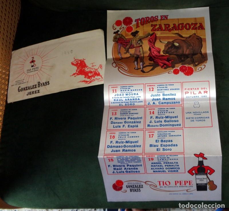 Tauromaquia: OBSEQUIO GONZALEZ BYASS TIO PEPE.CARTEL SEDA TOROS FERIA PILAR ZARAGOZA 1978 PAQUIRRI EL SORO. SOBRE