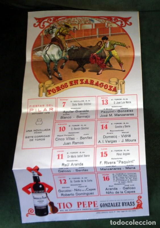 Tauromaquia: OBSEQUIO GONZALEZ BYASS TIO PEPE.CARTEL SEDA TOROS FERIA PILAR ZARAGOZA 1979 PAQUIRRI MANZANARES