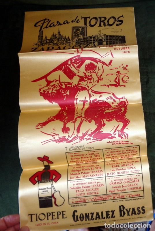 Tauromaquia: OBSEQUIO GONZALEZ BYASS TIO PEPE.CARTEL SEDA TOROS FERIA PILAR ZARAGOZA 1976 PAQUIRRI MANZANARES