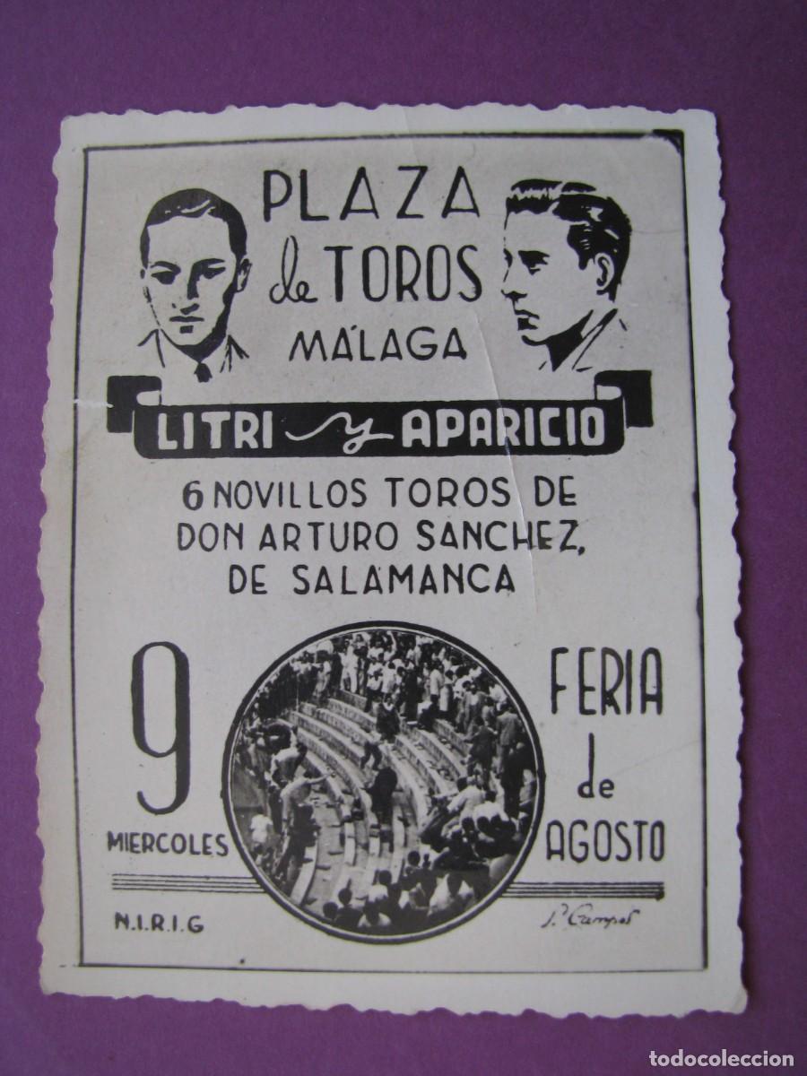 Tauromaquia: PEQUE&Ntilde;O FOLLETO, FOTO. FERIA DE AGOSTO, MALAGA. PLAZA DE TOROS. LITRI Y APARICIO. 8X6 CM