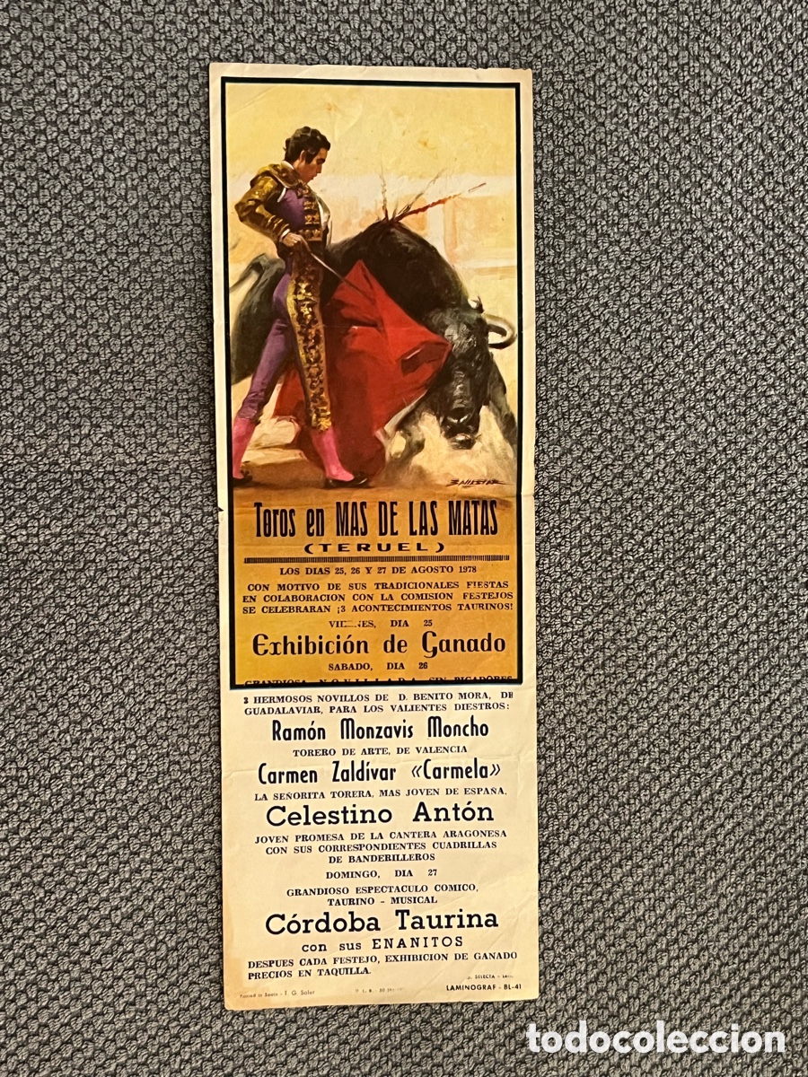 Tauromaquia: TOROS EN MAS DE LAS MATAS (TERUEL) Cartel Corrida de Toros. Carmen Zald&iacute;var. Moncho.. (h.1980?)