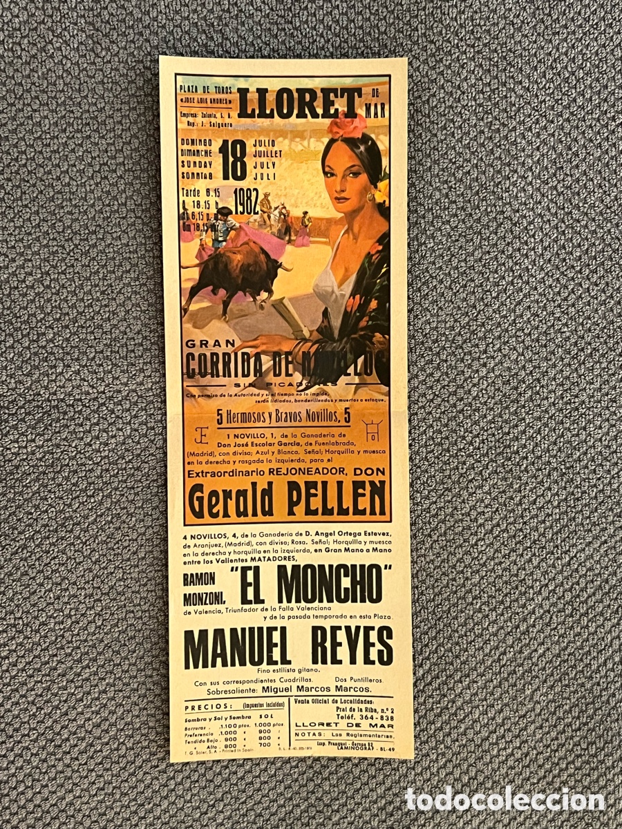 Tauromaquia: LLORET DE MAR. Cartel de Toros Gran Novillada. EL MONCHO.., MANUEL REYES.. (a.1982)