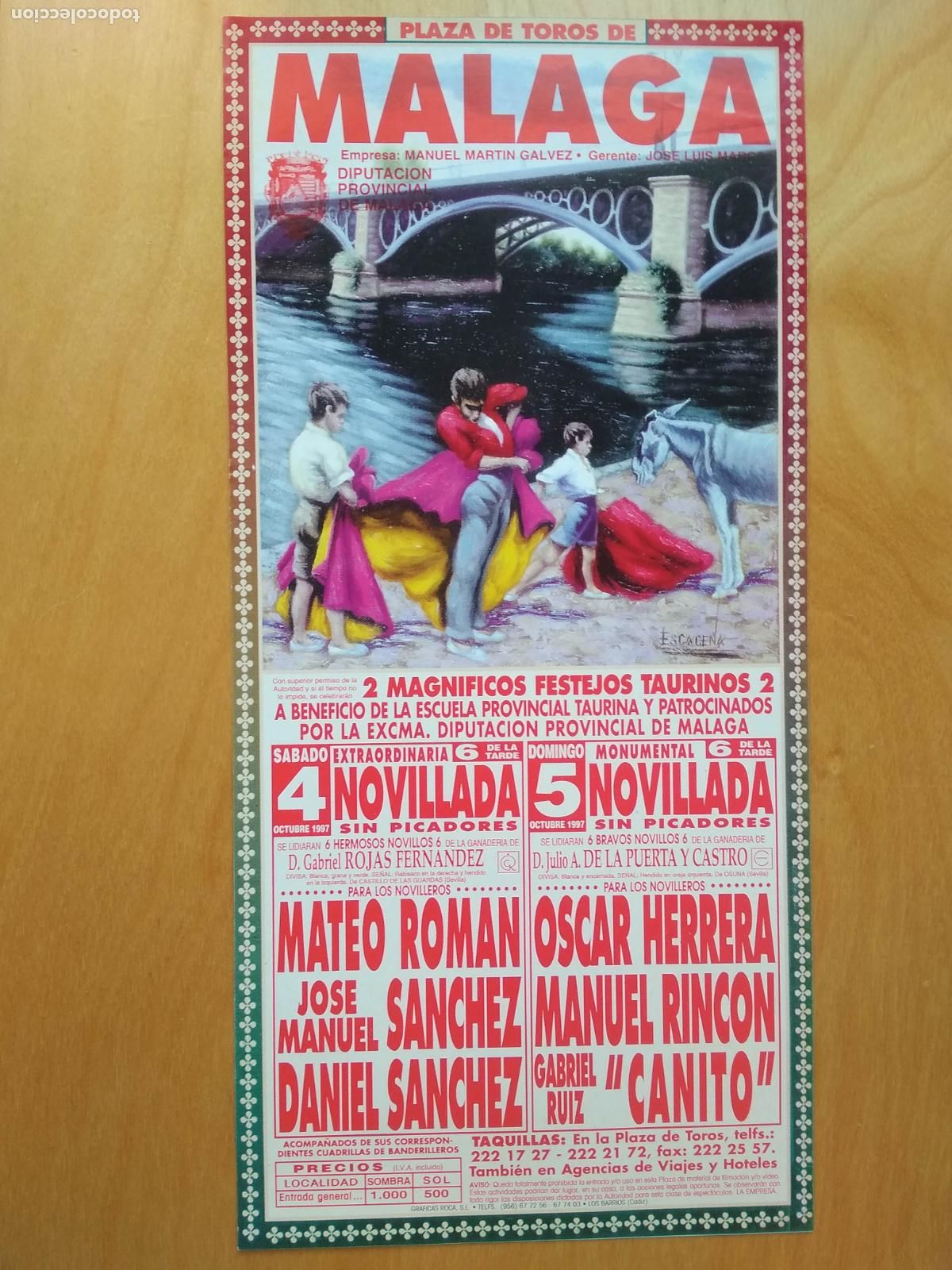 Tauromaquia: CARTEL DE TOROS MALAGA 1997 MATEO ROMAN CANITO OSCAR HERRERA MANUEL RINCON SANCHEZ