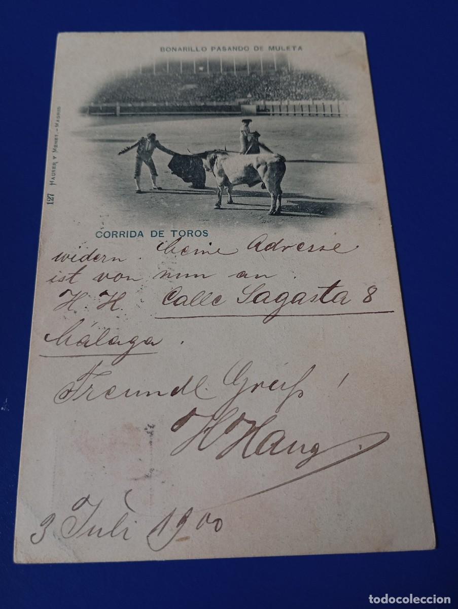 Tauromaquia: Postal Corrida de toros Bonarillo pasando de muleta circulada 1900 sello pelon