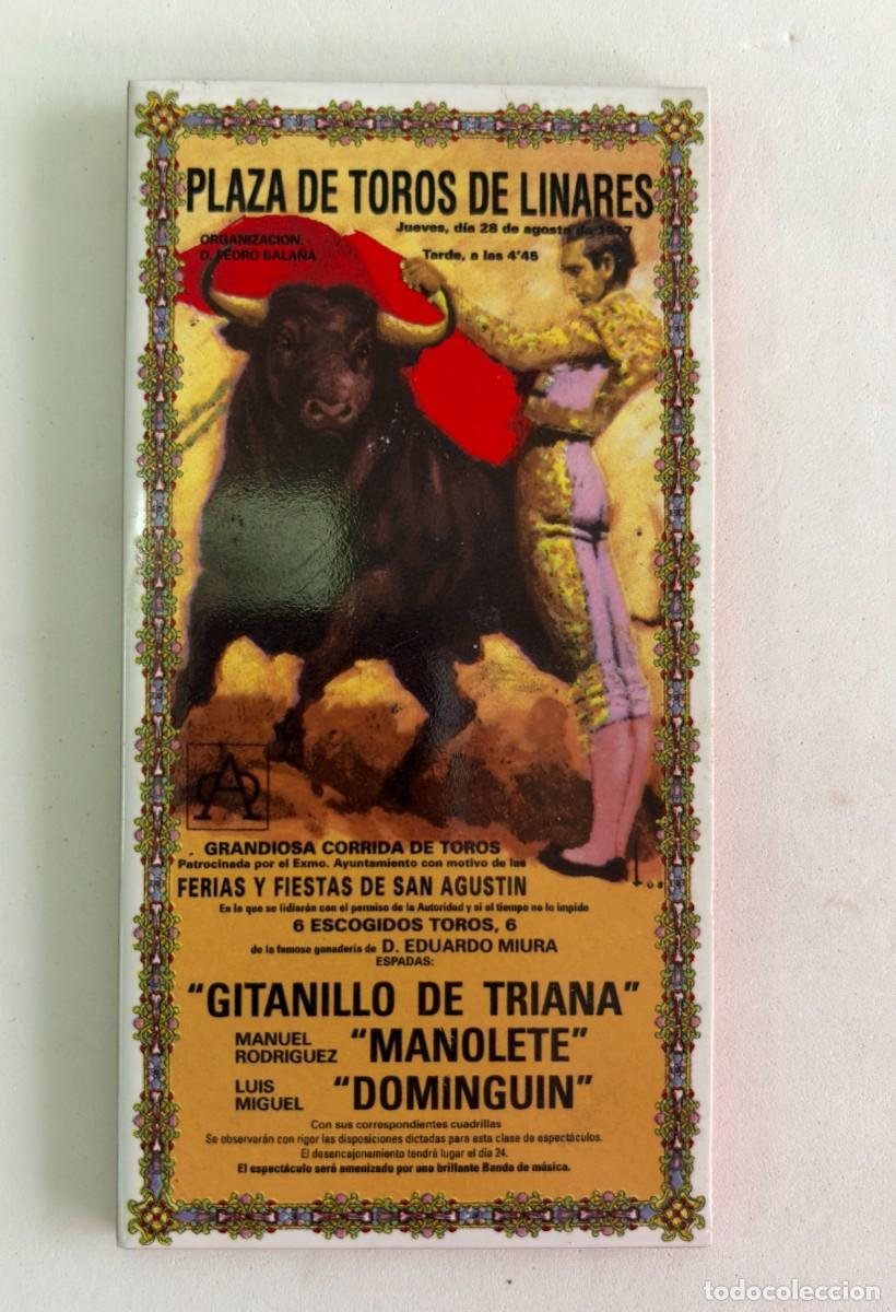 Tauromaquia: Azulejo Cer&aacute;mico Taurino Cartel Linares 1947 Manolete Miura Souvenir Vintage 15x7,5 cm