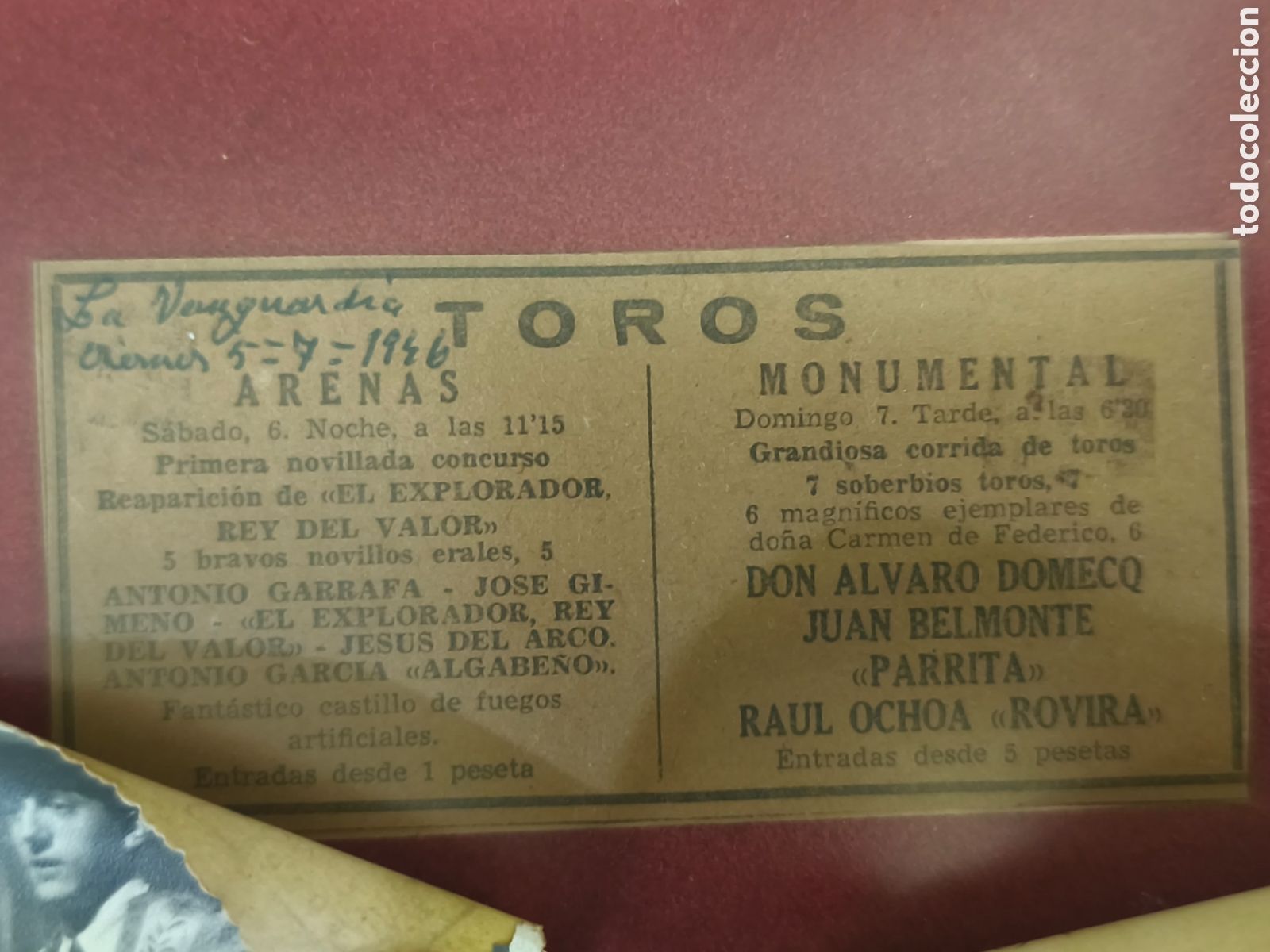 Tauromaquia: Entrada o recorte 1946 Belmonte , enmarcado, Arenas / Monumental